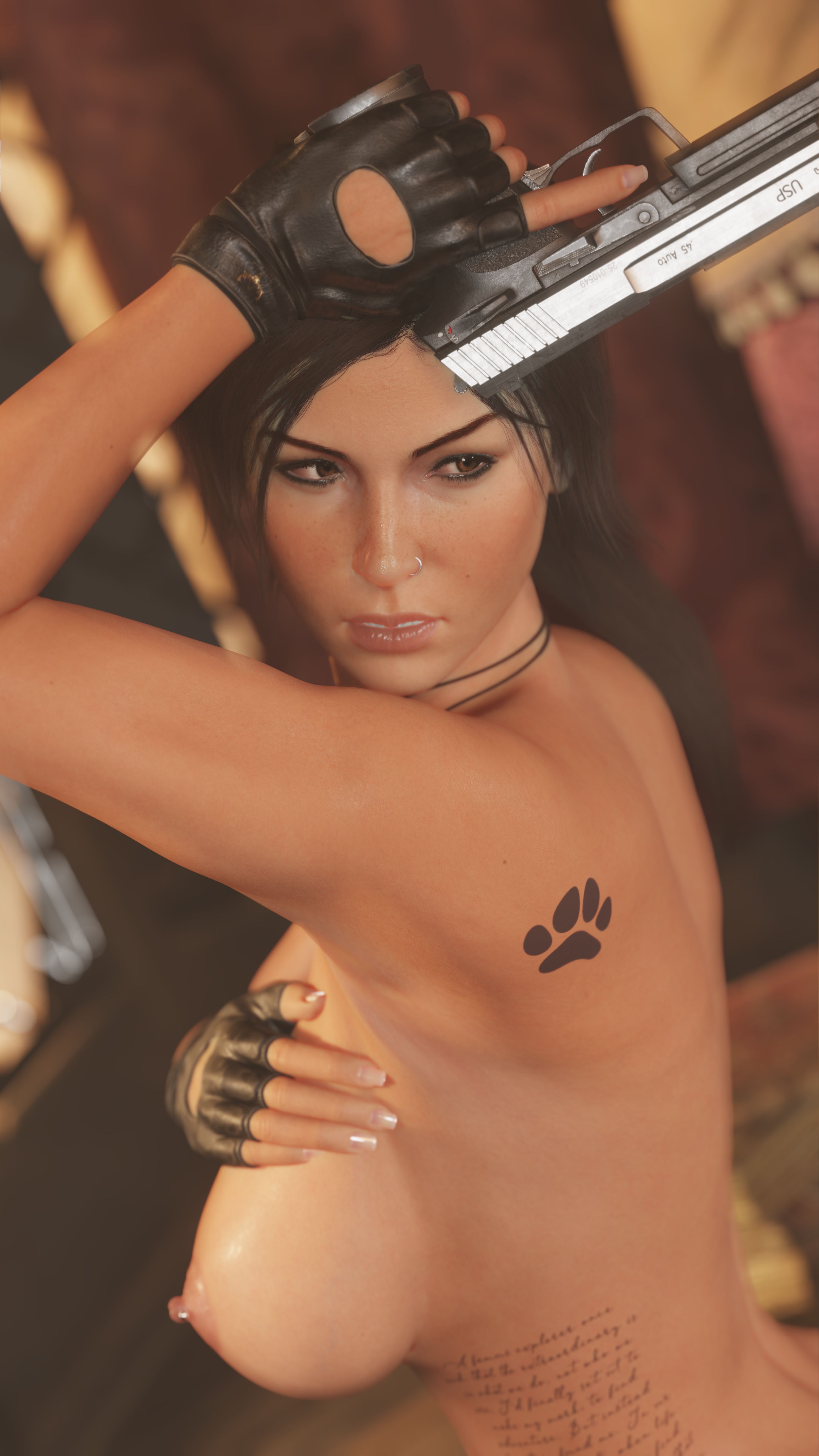 1girls, 3d, areolae, big breasts, blender, blender (software), blurry, breasts, brown eyes, brown hair, completely nude, female, female only, fingerless gloves, gloves, gloves only, gun, handgun, high resolution, highres, holding gun, kneeling, lara croft, lara croft (survivor), large breasts, long hair, looking back, naked, nipple piercing, nipples, nose piercing, nude, on knees, piercing, pistol, ponytail, pose, posing, sideboob, sitting, solo, strauzek, tagme, tattoo, tattoos, tomb raider, tomb raider (survivor), weapon