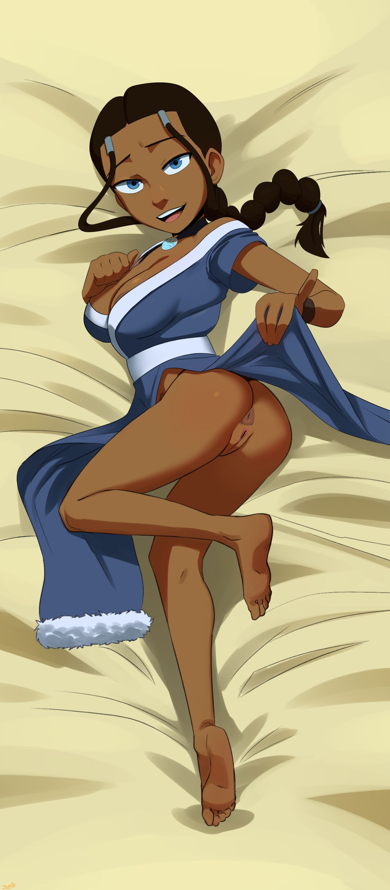 1girls, 2021, anus, ass, avatar the last airbender, blue eyes, breasts, brown hair, bubble ass, bubble butt, clothing, dark skin, dark-skinned female, female, female focus, human, human only, katara, large breasts, looking at viewer, nickelodeon, no panties, offscreen character, presenting ass, presenting pussy, pussy, solo, solo female, solo focus, thehumancopier, water tribe