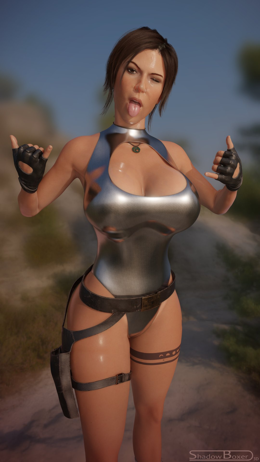 1girls, 3d, belt, big breasts, blender, breasts, casual, cleavage, female, female only, footwear, handwear, holster, human, lara croft, lara croft (survivor), large breasts, neckwear, shadowboxer, signature, solo, tattoo, text, thick thighs, tomb raider, tomb raider (survivor), wide hips