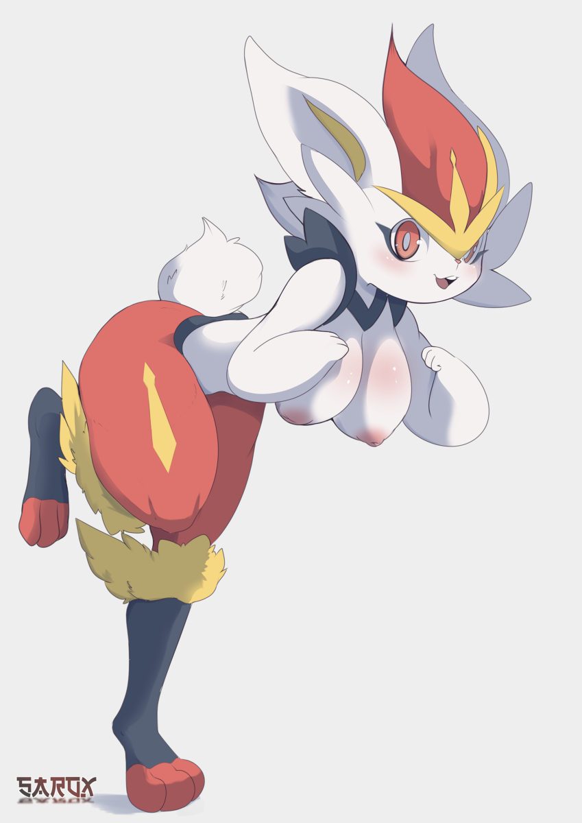 1girls, 3 toes, anthro, big breasts, breasts, cinderace, cute, cute face, feet, female, female cinderace, female only, female pokemon, fingers, fluffy, fluffy tail, fur, hi res, nintendo, nipples, open mouth, pokémon (species), pokemon, pokemon (species), pokemon ss, sarox, signature, simple background, solo, solo female, toes, video games