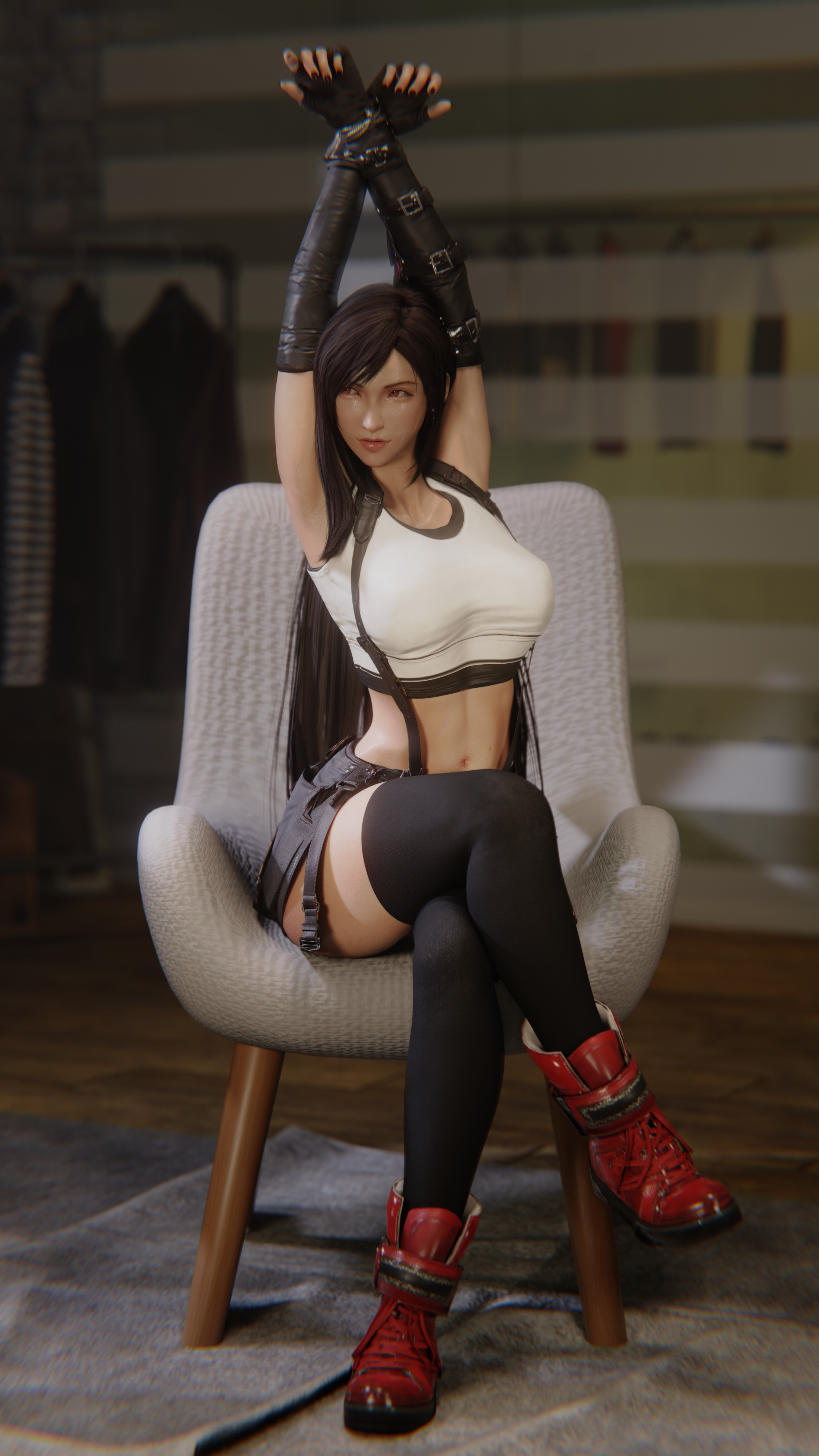 1girls, 3d, armpits, arms up, bare midriff, black hair, blender, boots, clothed, clothed female, clothing, elbow gloves, female, female focus, female only, final fantasy, final fantasy vii, final fantasy vii remake, fully clothed, high resolution, highres, long hair, nonude, pose, posing, red eyes, sitting, sitting on chair, solo, stockings, strauzek, sweat, sweating, sweaty, tank top, thigh highs, thighhighs, tifa lockhart, wet, wet skin
