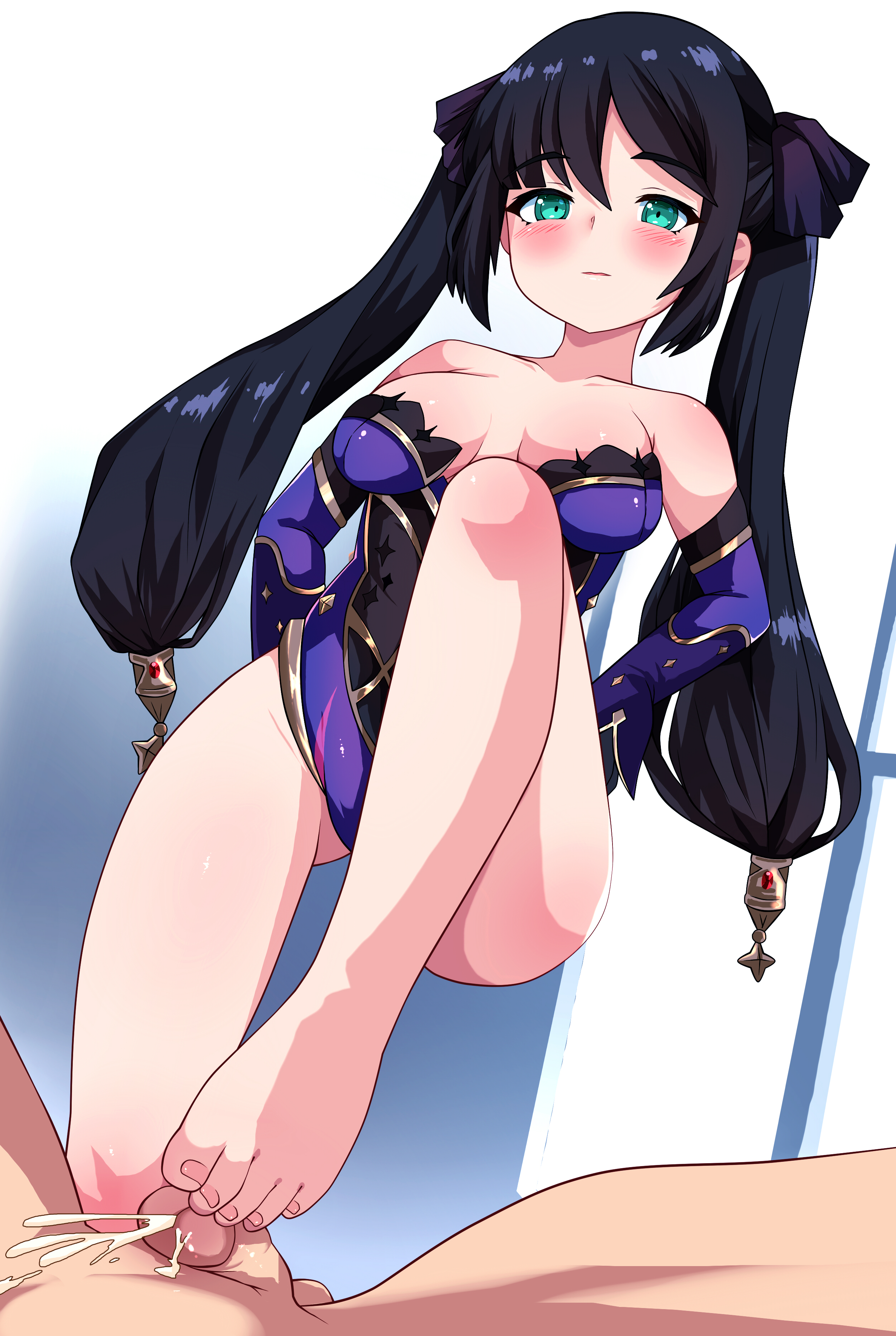 1boy, 1girls, arms behind back, bare legs, bare shoulders, barefoot, black hair, blush, breasts, clothed female nude male, cum, cumshot, ejaculation, feet, female, femdom, foot fetish, footjob, genshin impact, green eyes, hair ornament, highres, long hair, male, mona (genshin impact), open mouth, penis, pruzhka, simple background, standing, standing footjob, straight, thighs, toes, twintails, very long hair