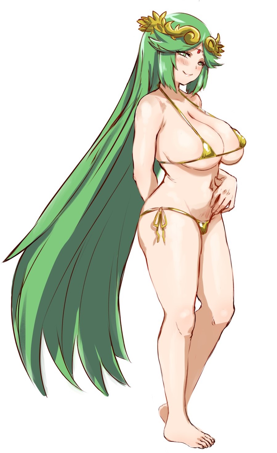1girls, 2021, alternate breast size, arm behind back, awesomeerix, bare legs, barefoot, barely clothed, barely contained, bikini, blush, breasts, deity, feet, female, female focus, female only, goddess, gold bikini, golden bikini, green eyes, green hair, hair ornament, hand on stomach, hips, huge breasts, kid icarus, kid icarus uprising, long ears, long hair, looking at viewer, micro bikini, nintendo, palutena, rough sketch, side-tie bikini, simple background, slim waist, smile, smiling at viewer, squinted eyes, suggestive look, thick thighs, thighs, underboob, very long hair, white background, wide hips, wip