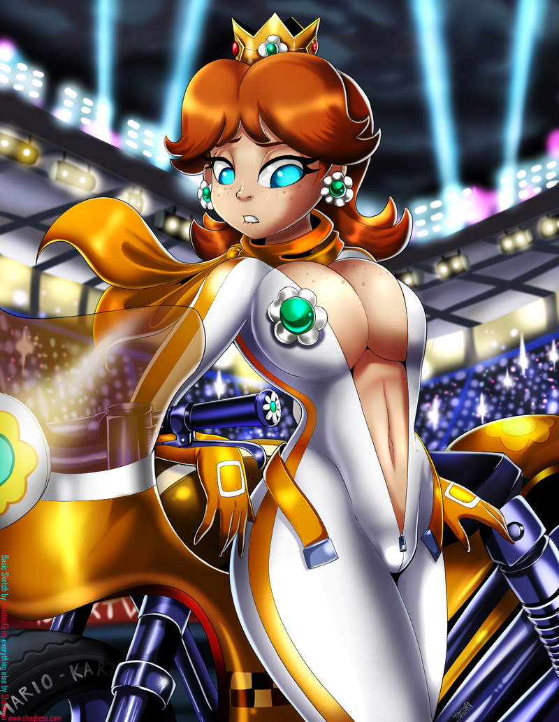 1girls alternate_breast_size big_breasts biting_lip blue_eyes blush bodysuit breasts brown_hair bursting_breasts busty cleavage clothed clothing color crown curvy earrings female female_only freckles gloves hair human jumpsuit large_breasts light-skinned_female mario_(series) mario_kart mario_kart_8 mario_kart_stadium midriff mostly_clothed motorcycle navel nintendo no_bra princess_daisy scarf sensual shadman solo standing unzipped voluptuous