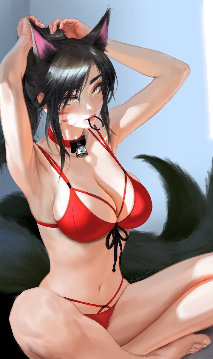 ahri armpits arms_behind arms_behind_head arms_up bell bell_collar big_breasts bikini black_hair choker emirp199 feet female female_focus female_only fox_ears hairband hairband_removed league_of_legends nekomimi red_bikini red_bikini_bottom red_bikini_top tagme vastaya yellow_eyes