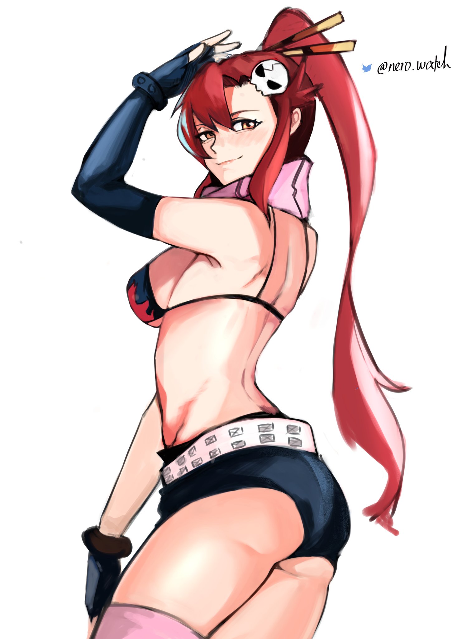 1girls, back, big breasts, breasts, female, hand on head, large breasts, nero watch, red hair, sideboob, simple background, tengen toppa gurren lagann, yoko littner