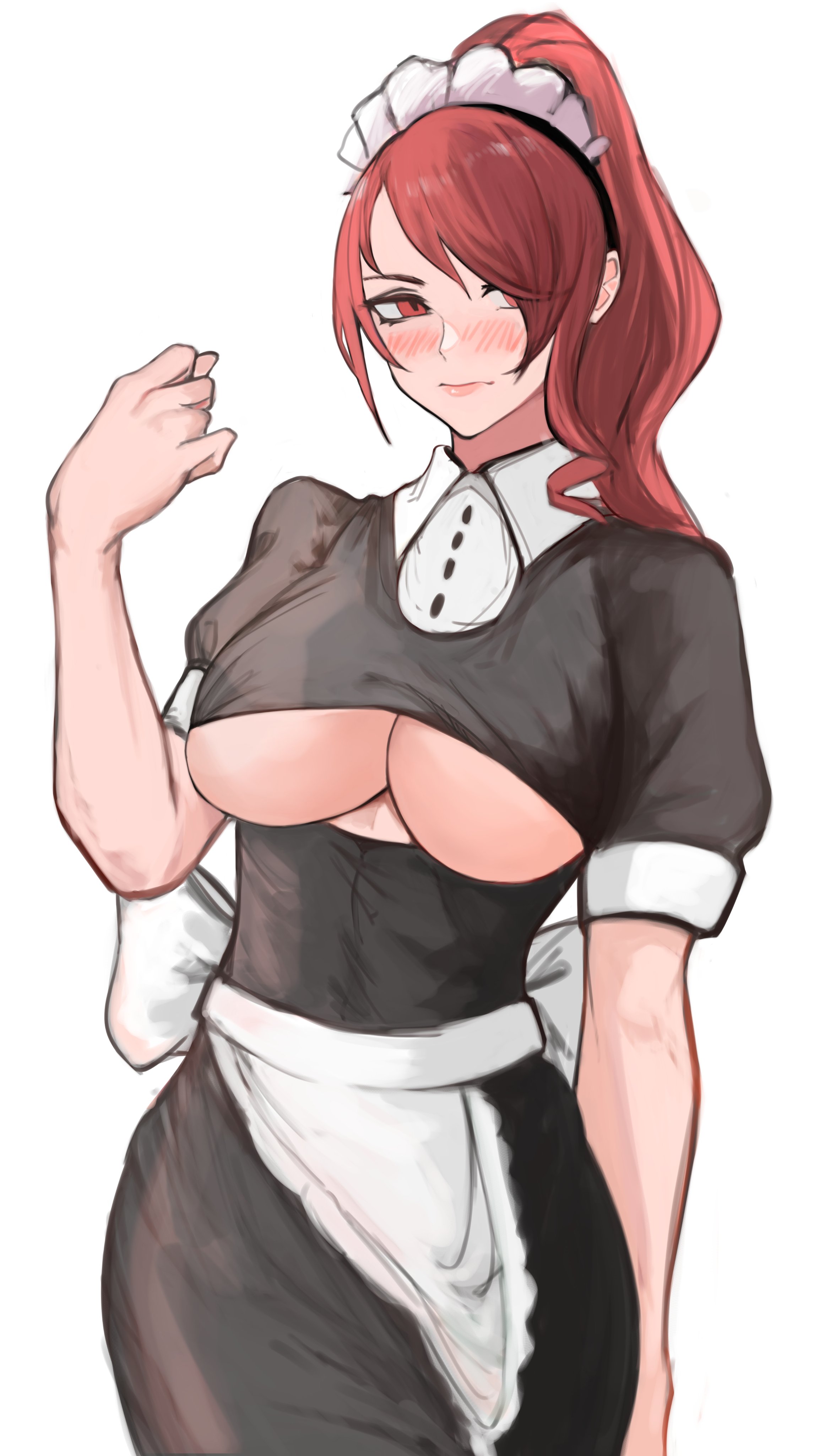 1girls, big breasts, blush, breasts, cleavage, cute, female, large breasts, looking at viewer, maid, maid headdress, maid uniform, mitsuru kirijo, nero watch, persona, persona 3, red eyes, red hair, shy, tagme, underboob, underboob cutout