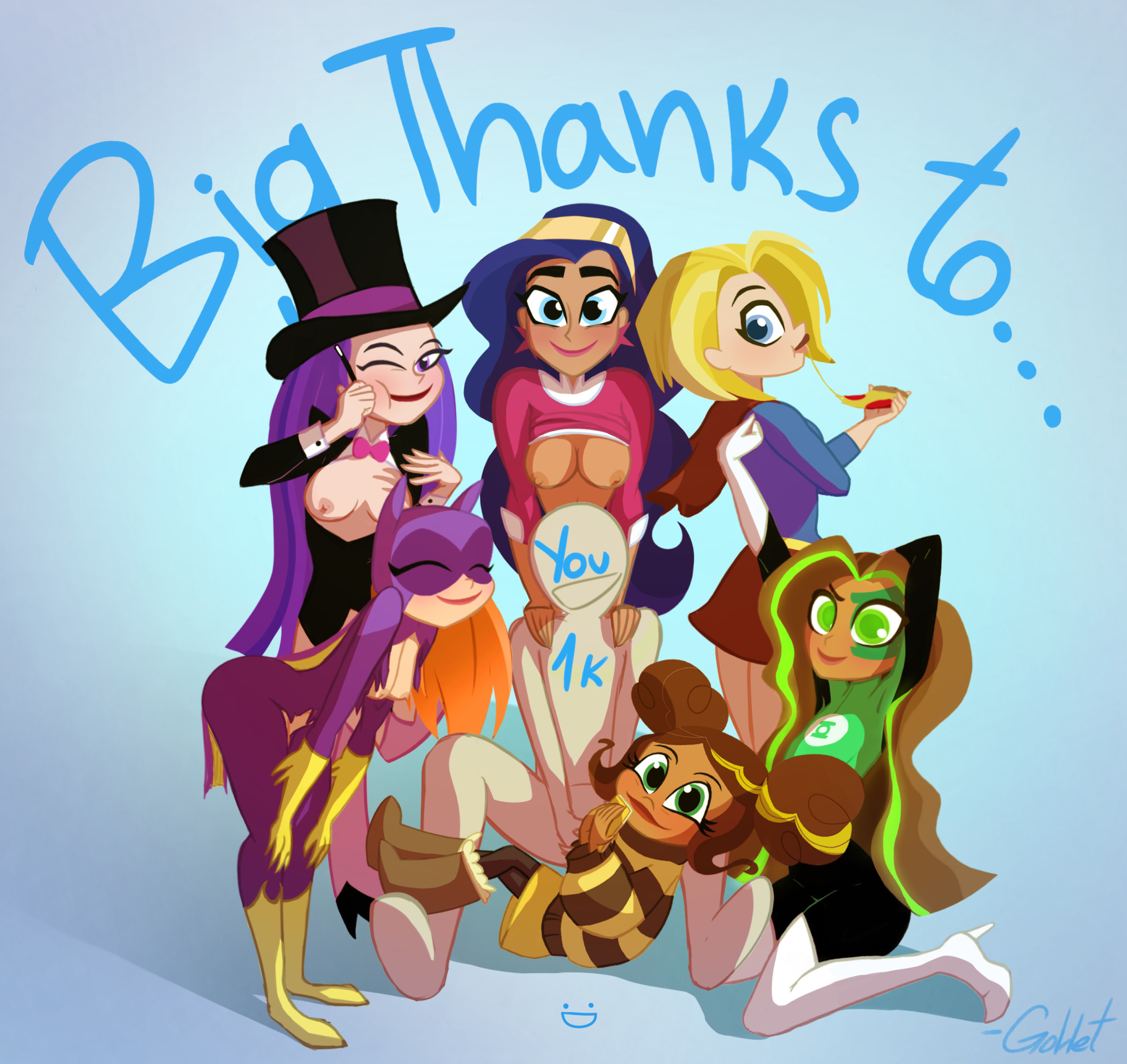 6girls, anon, barbara gordon, barbara gordon (shg), batgirl, batgirl (barbara gordon), batman (series), breasts, dc, dc comics, dc super hero girls, diana prince, diana prince (shg), faceless male, female, gohet, green lantern, green lantern (series), jessica cruz, jessica cruz (shg), justice league, kara danvers, kara danvers (shg), kara zor-el, karen beecher, karen beecher (shg), magician, magician hat, male, milestone celebration, multiple females, multiple girls, nipples, pizza, ripped clothing, supergirl, superman (series), wonder woman, wonder woman (series), zatanna, zee zatara