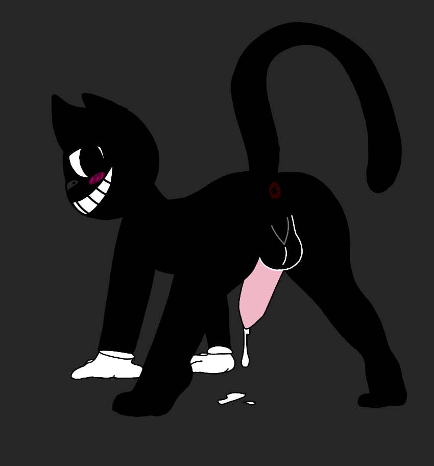 1boy asshole backsack balls big_balls big_eyes black_background black_eyes black_fur black_nose blushing cartoon_cat cat_ears cat_tail cum_on_floor cumming cute feet feline_penis gay looking_back paws pink_penis riskaver_(artist) smiling tail_up trevor_henderson white_gloves yaoi