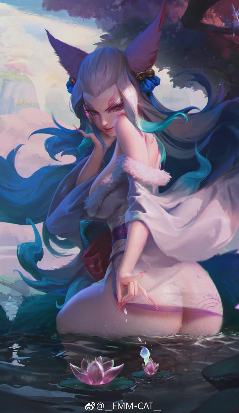 1girls, ahri, ass, big ass, big butt, blue hair, cat ears, female, fmm-cat, league of legends, lily pad, long nails, looking at viewer, looking back, nekomimi, realistic, solo, spirit blossom ahri, spirit blossom series, standing, standing in water, tagme, two-tone hair, water, wet body, white clothes, white clothing, white hair, yellow eyes