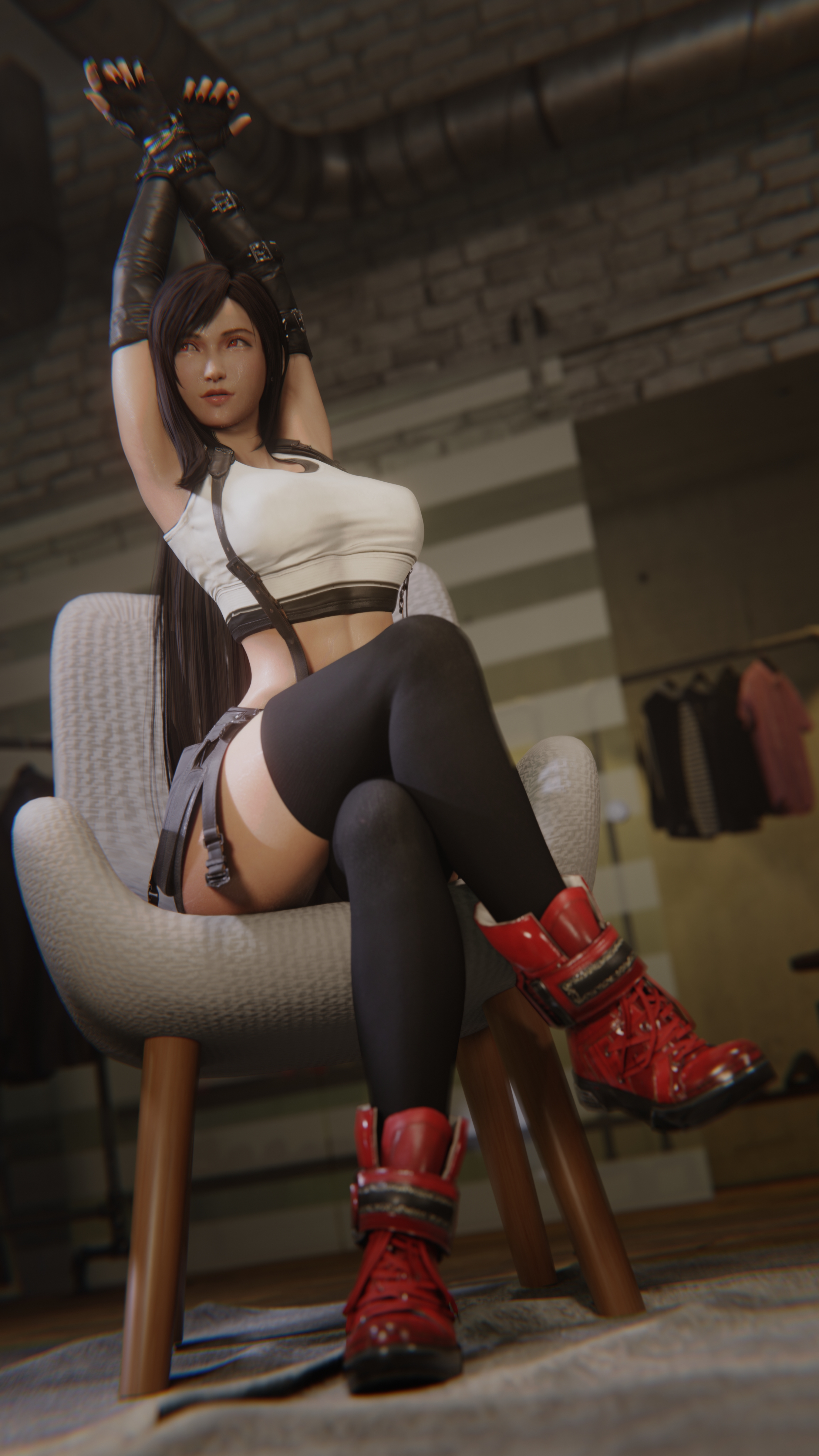 1girls, 3d, armpits, arms up, bare midriff, black hair, blender, boots, clothed, clothed female, clothing, elbow gloves, female, female focus, female only, final fantasy, final fantasy vii, final fantasy vii remake, fully clothed, high resolution, highres, long hair, nonude, pose, posing, red eyes, sitting, sitting on chair, solo, stockings, strauzek, sweat, sweating, sweaty, tank top, thigh highs, thighhighs, tifa lockhart, wet, wet skin