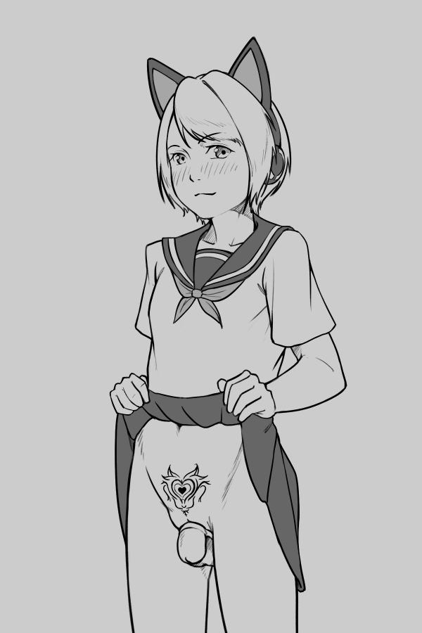 1boy, cat ears, chastity, chastity cage, crossdressing, femboy, feminization, heart tattoo, male, male only, skirt, tagme, tattoo, uniform