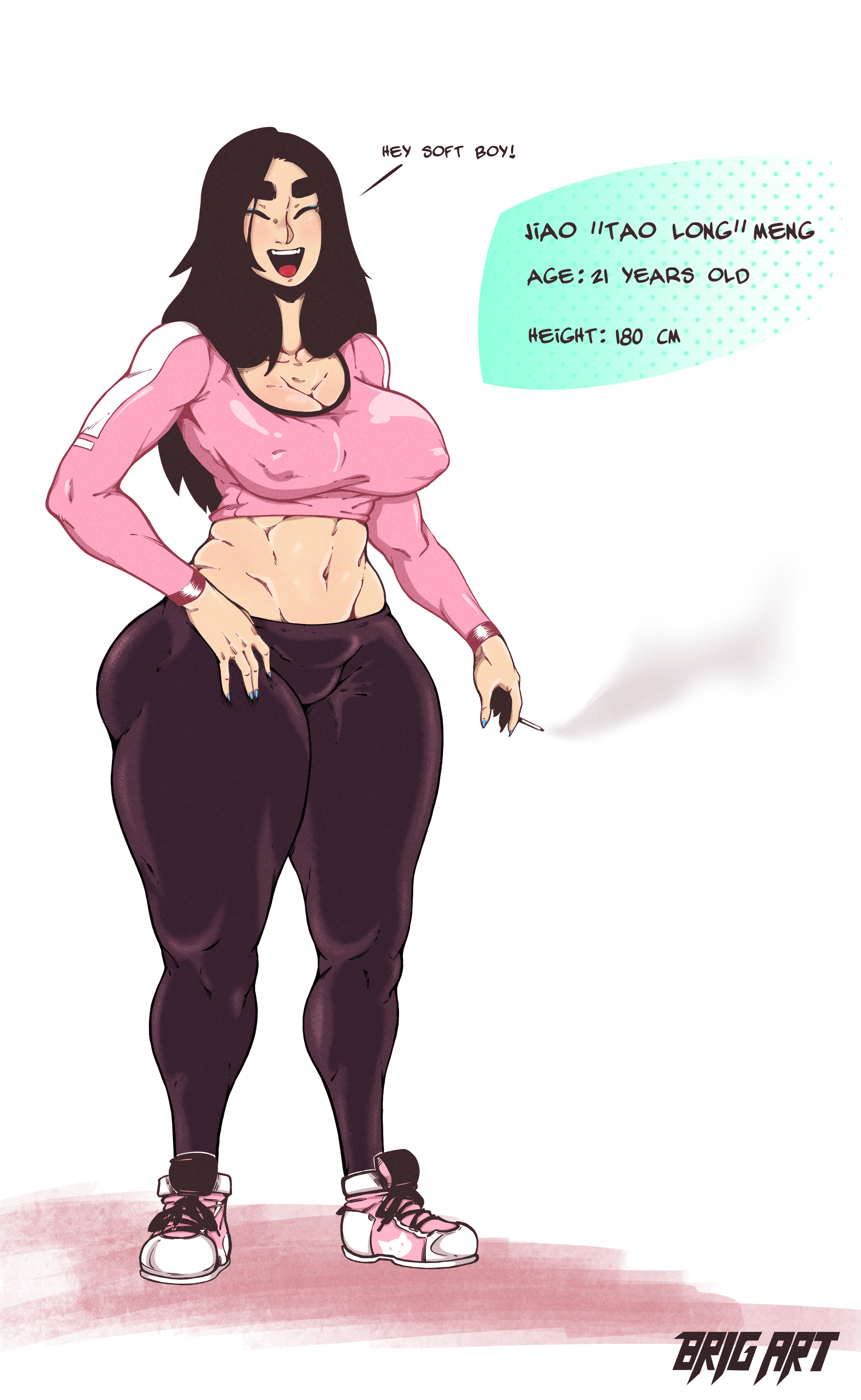 1girls, asian, asian female, big breasts, black hair, breasts, brig art, character sheet, cigarette, cleavage, crop top, exposed stomach, female, female focus, leggings, long hair, midriff, nipple bulge, original, prostitute, prostitution, slit eyes, smoking, solo, taller female, tao long, thick eyebrows, thick thighs, wide hips