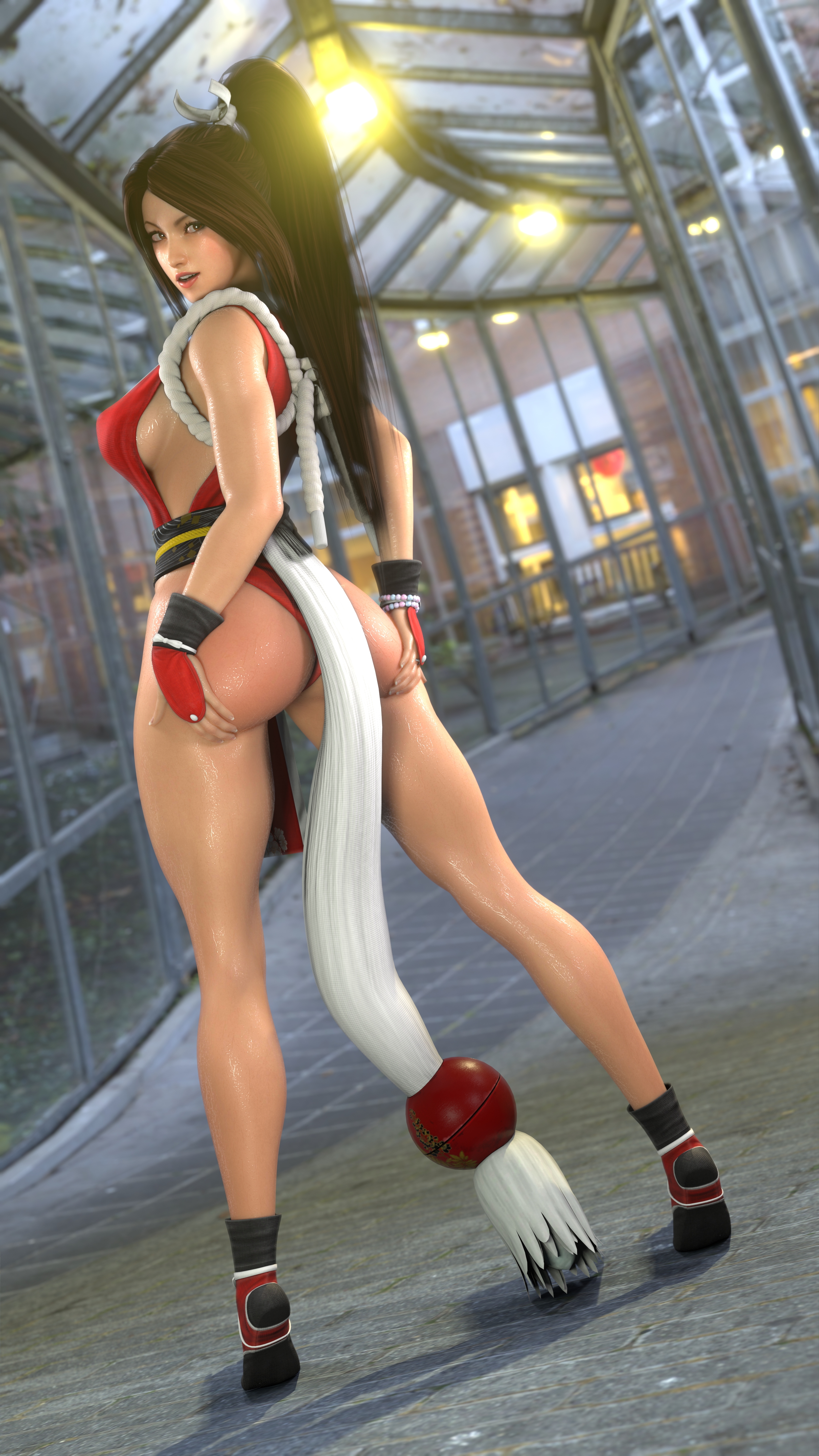 1girls, 3d, ass, ass grab, back, back view, bare legs, big ass, blender, breasts, brown hair, bubble ass, bubble butt, clothed female, dress, fatal fury, female, female focus, female only, grabbing own ass, hands on ass, high resolution, highres, japanese clothes, japanese clothing, king of fighters, kunoichi, large ass, large breasts, legs, long hair, looking back, mai shiranui, ponytail, pose, posing, rear view, shiny skin, shoes, skimpy, skimpy clothes, snk, solo, standing, strauzek, sweat, tiptoes, wet, wet body, wet skin, wide hips