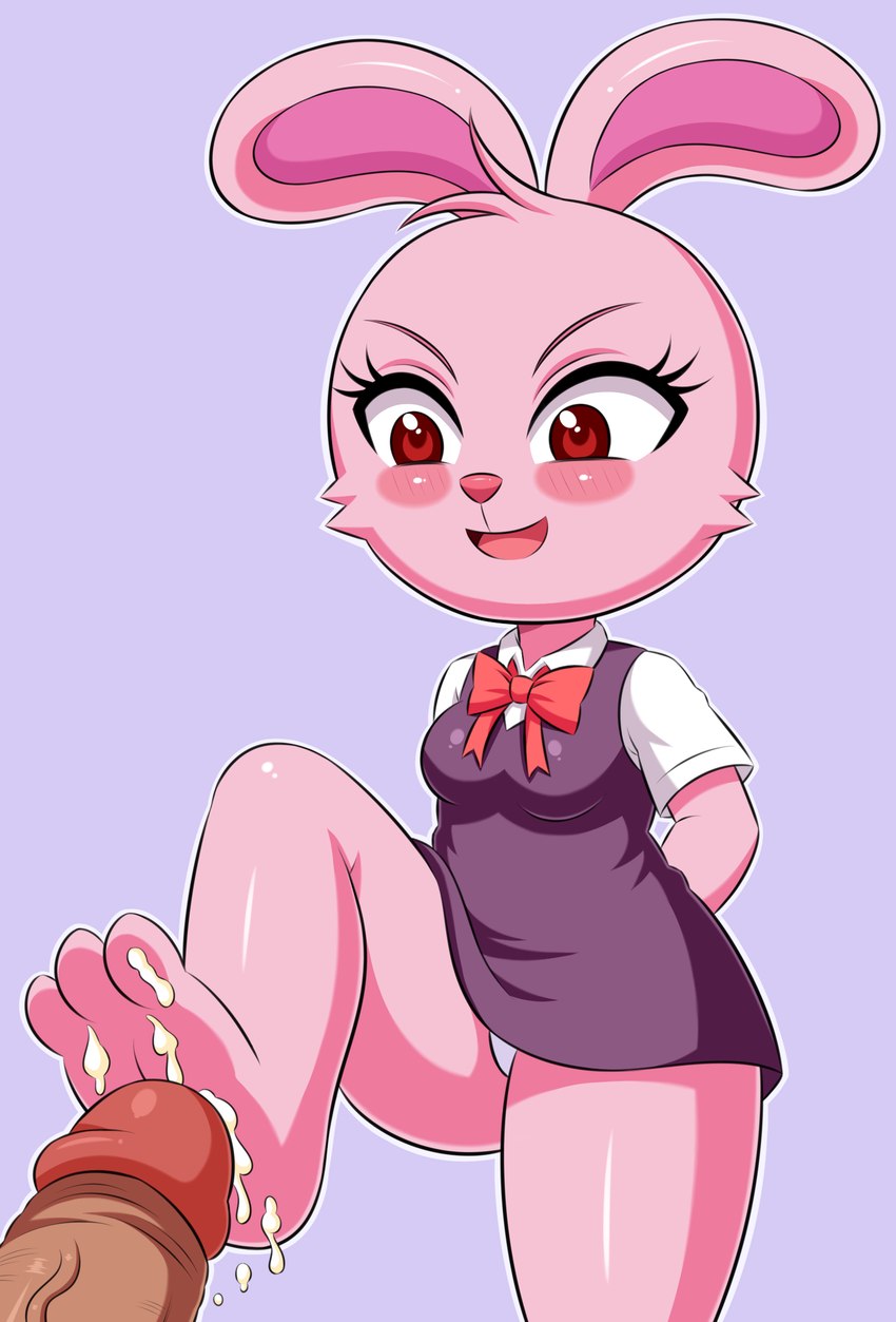 anthro bodily_fluids clothed clothing cum cum_on_feet eyelashes fan_character feet female foot_fetish foot_focus foot_play footjob fur genital_fluids genitals hi_res huitu_c humanoid_genitalia humanoid_penis lagomorph legwear leporid male male/female mammal penis pink_body pink_fur rabbit sex thick_thighs thigh_highs vein wide_hips