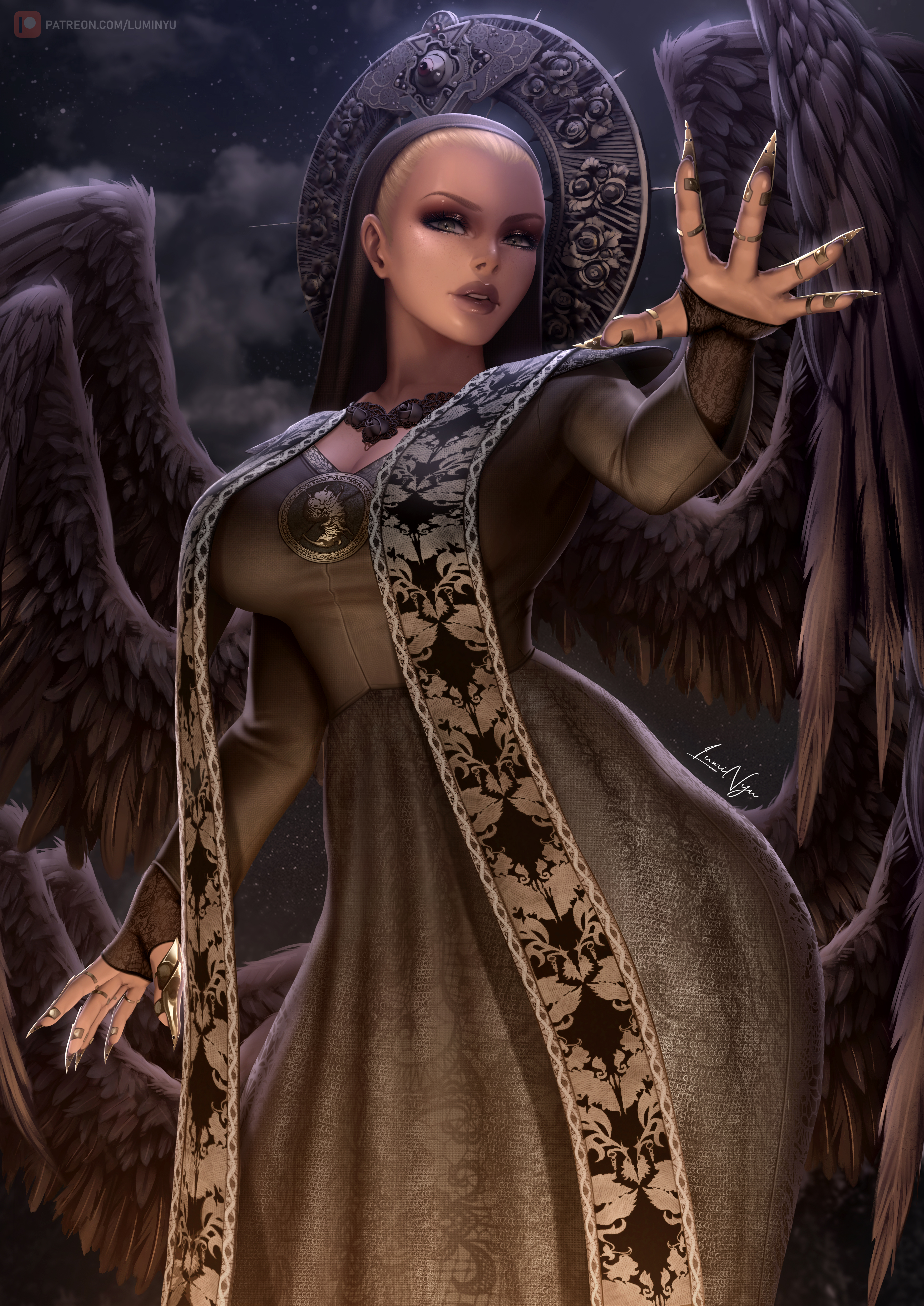 1girls, 2021, absurd res, big breasts, black wings, blonde hair, breasts, capcom, claws, cleavage, clothed, collar, dress, feathered wings, female, female focus, female only, gold, grey eyes, hair ornament, hi res, high resolution, highres, hips, jewelry, large breasts, lips, lipstick, looking at viewer, luminyu, mature, mature female, mother miranda (resident evil), nun, nun outfit, nun's habit, patreon, patreon reward, patreon username, resident evil, resident evil 8: village, scarf, solo, solo female, solo focus, video game character, video games, white skin, wings, yellow hair