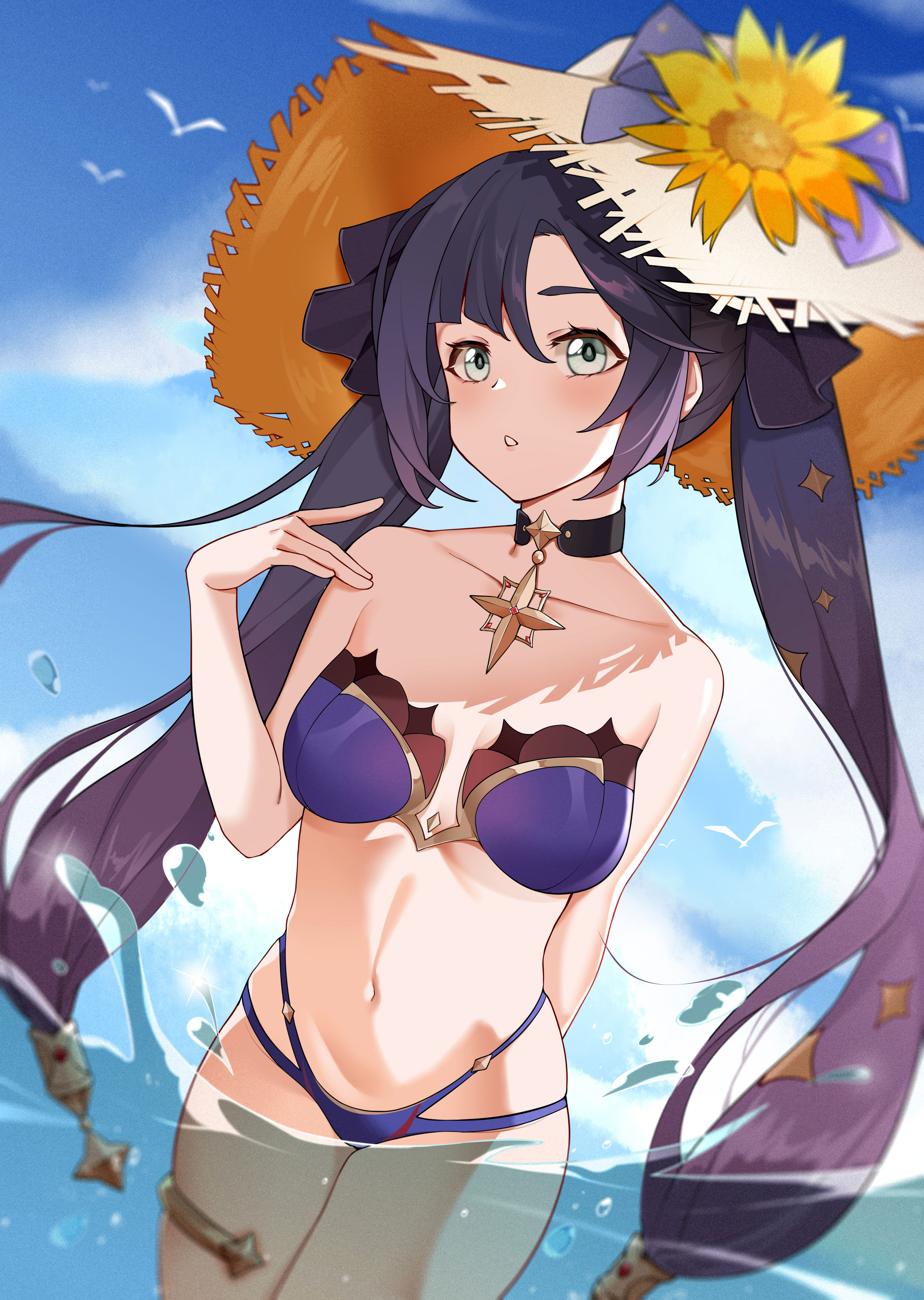 1girls, alternate costume, beach, bikini, blush, breasts, choker, female, female only, genshin impact, hat, hi res, kemile, looking at viewer, mona (genshin impact), navel, skindentation, straw hat, swimsuit, twintails