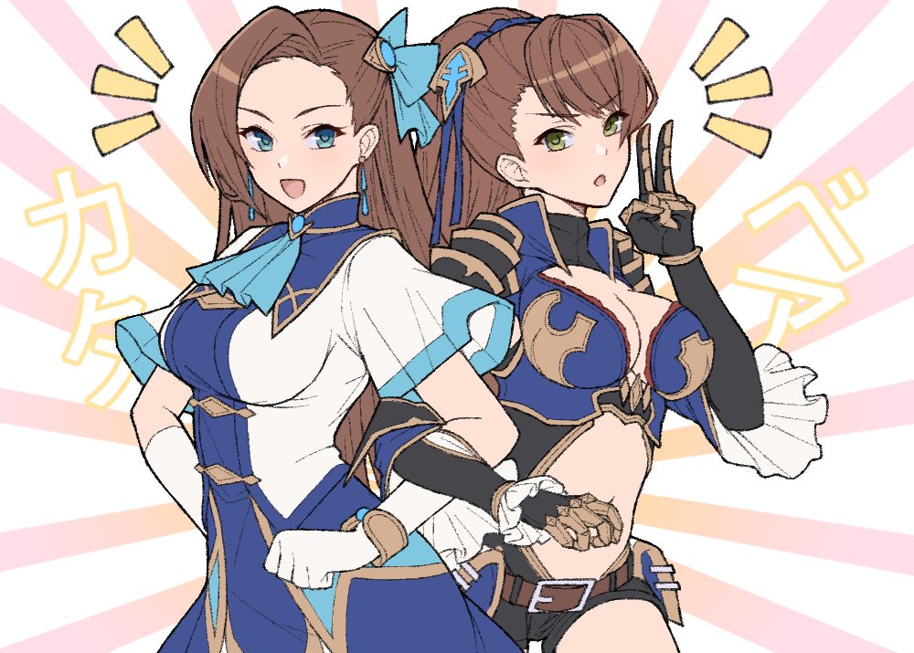 2girls asymmetrical_bangs beatrix_(granblue_fantasy) blue_eyes bracelet breasts brooch brown_hair crossover earrings female female_only granblue_fantasy green_eyes high_collar human jewelry katarina_claes large_breasts ll_0109 locked_arms multiple_girls otome_game_no_hametsu_flag_shika_nai_akuyaku_reijou_ni_tensei_shite_shimatta trait_connection