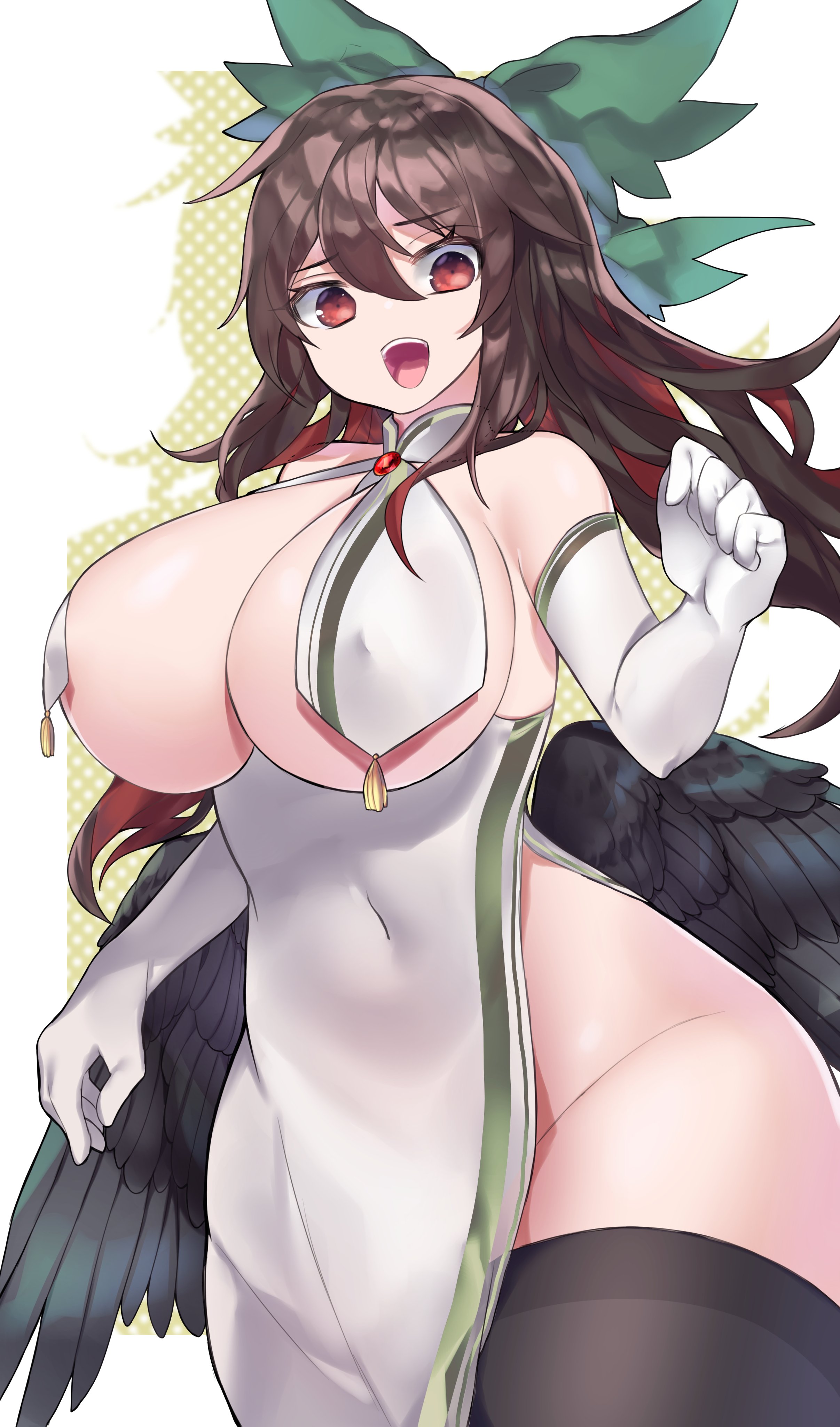 1girls, alternate costume, bangs, bird wings, black legwear, black wings, bow, breasts, brown hair, china dress, chinese clothes, colored inner hair, covered navel, covered nipples, cowboy shot, dress, elbow gloves, eyebrows visible through hair, feathered wings, female, gloves, green bow, hair between eyes, hairbow, huge breasts, long hair, looking at viewer, mikomo0106, multicolored hair, no panties, open mouth, red eyes, red hair, sleeveless, sleeveless dress, solo, strapless, strapless dress, thighhighs, touhou, utsuho reiuji, white dress, white gloves, wings