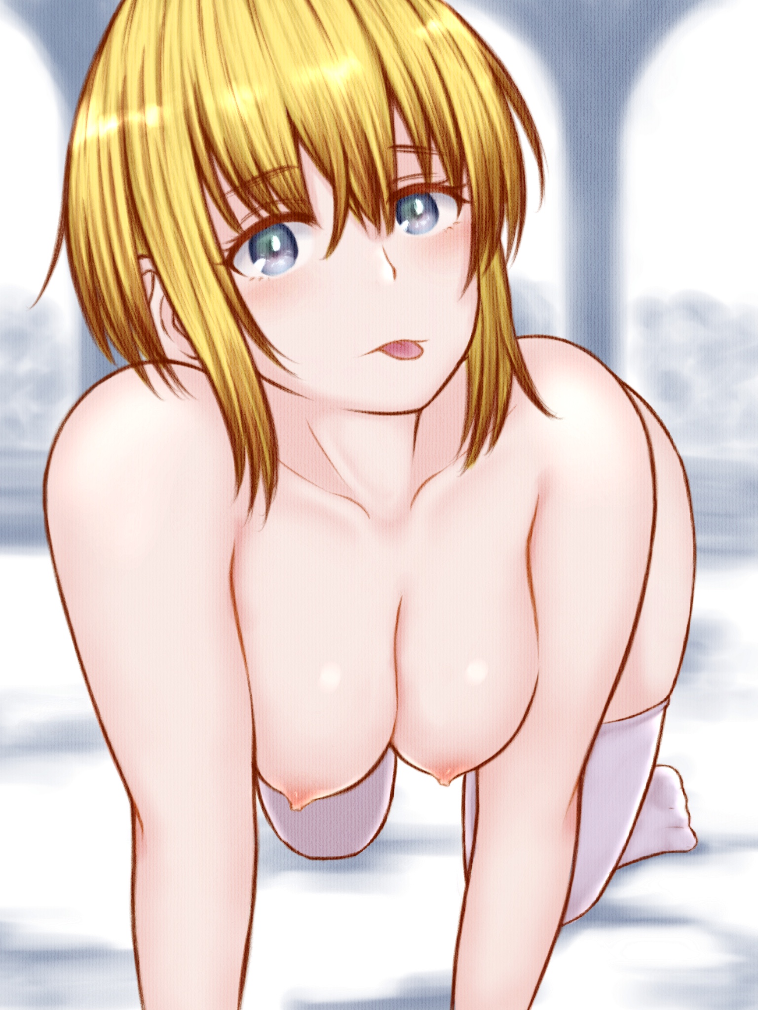 1girls, all fours, blonde hair, breasts, cute, en'en no shouboutai, enen no shouboutai, female, fire force, pale skin, sister iris (enen no shouboutai), sister iris (fire force), solo, tongue, tongue out