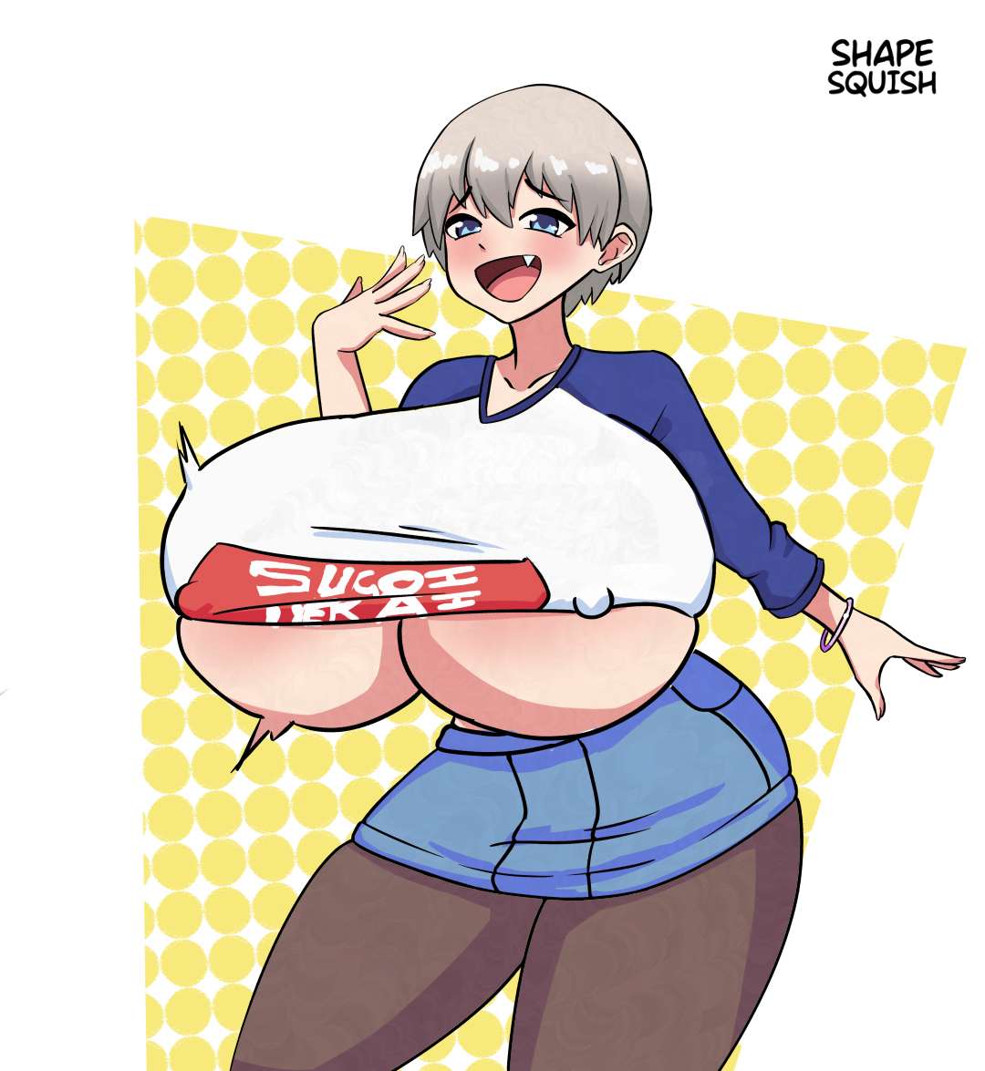 1girls, breast expansion, breast growth, breast growth (enlargement), breasts, clothed, clothing, female, female only, huge breasts, shapesquish, shirt, solo, solo female, underboob, uzaki hana, uzaki-chan wa asobitai!