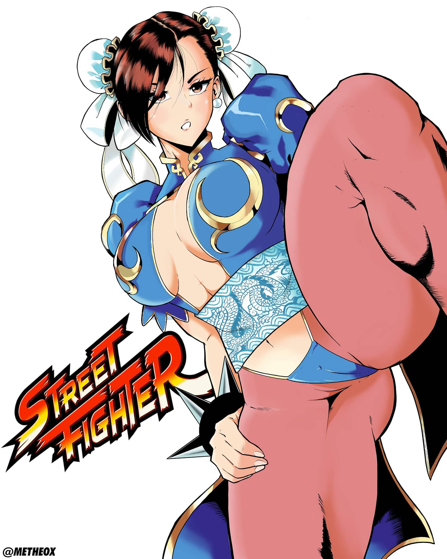 blush breasts brown_eyes brown_hair cameltoe chun-li cleavage leg_up metheox muscular muscular_female navel pantyhose revealing_clothes standing street_fighter tagme thick_thighs thighs