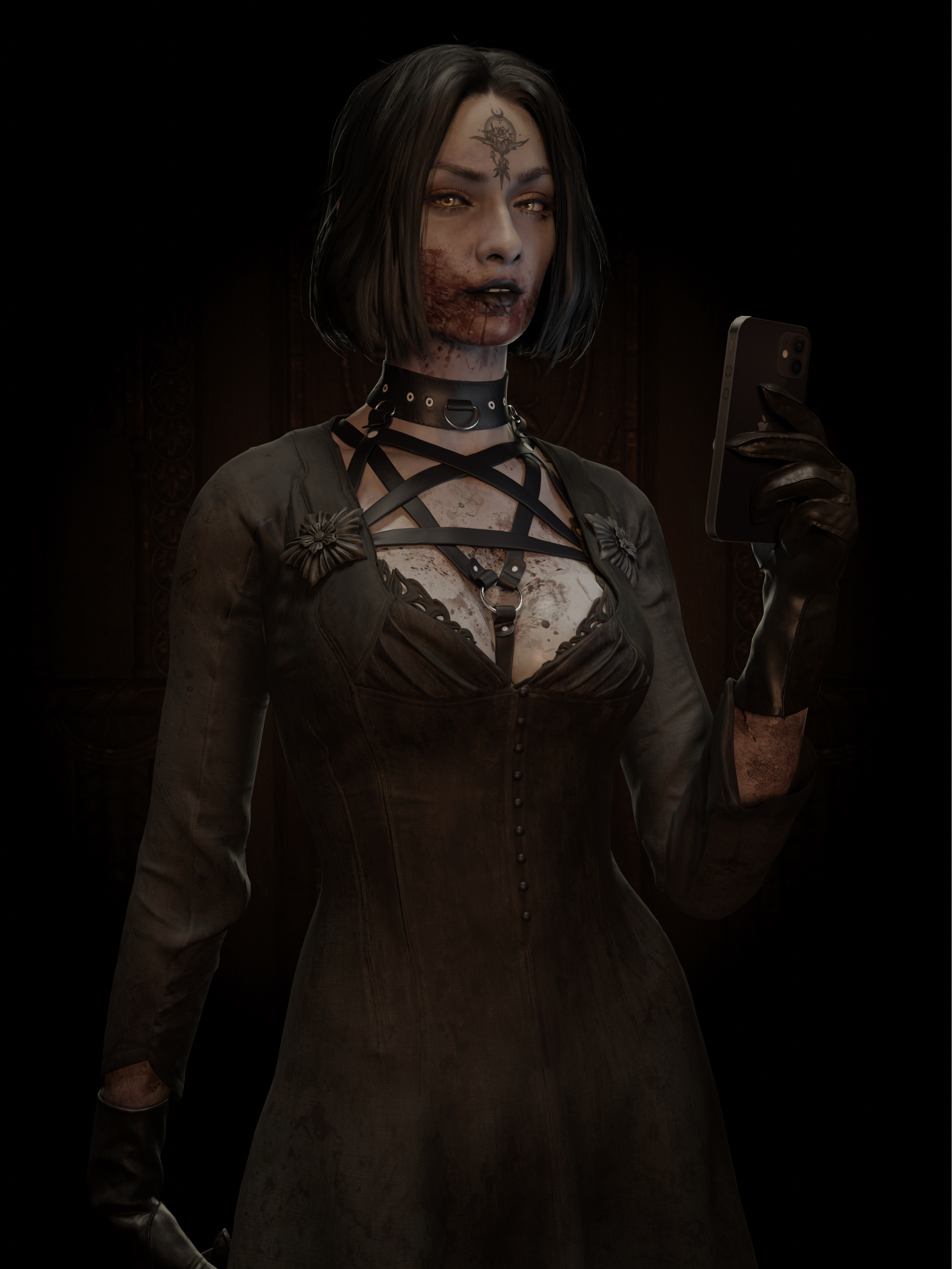 1girls, 3d, black hair, blood, capcom, cassandra (resident evil), collar, emberstock, female, female only, fully clothed, goth, looking at viewer, phone, resident evil, resident evil 8: village, short hair, solo