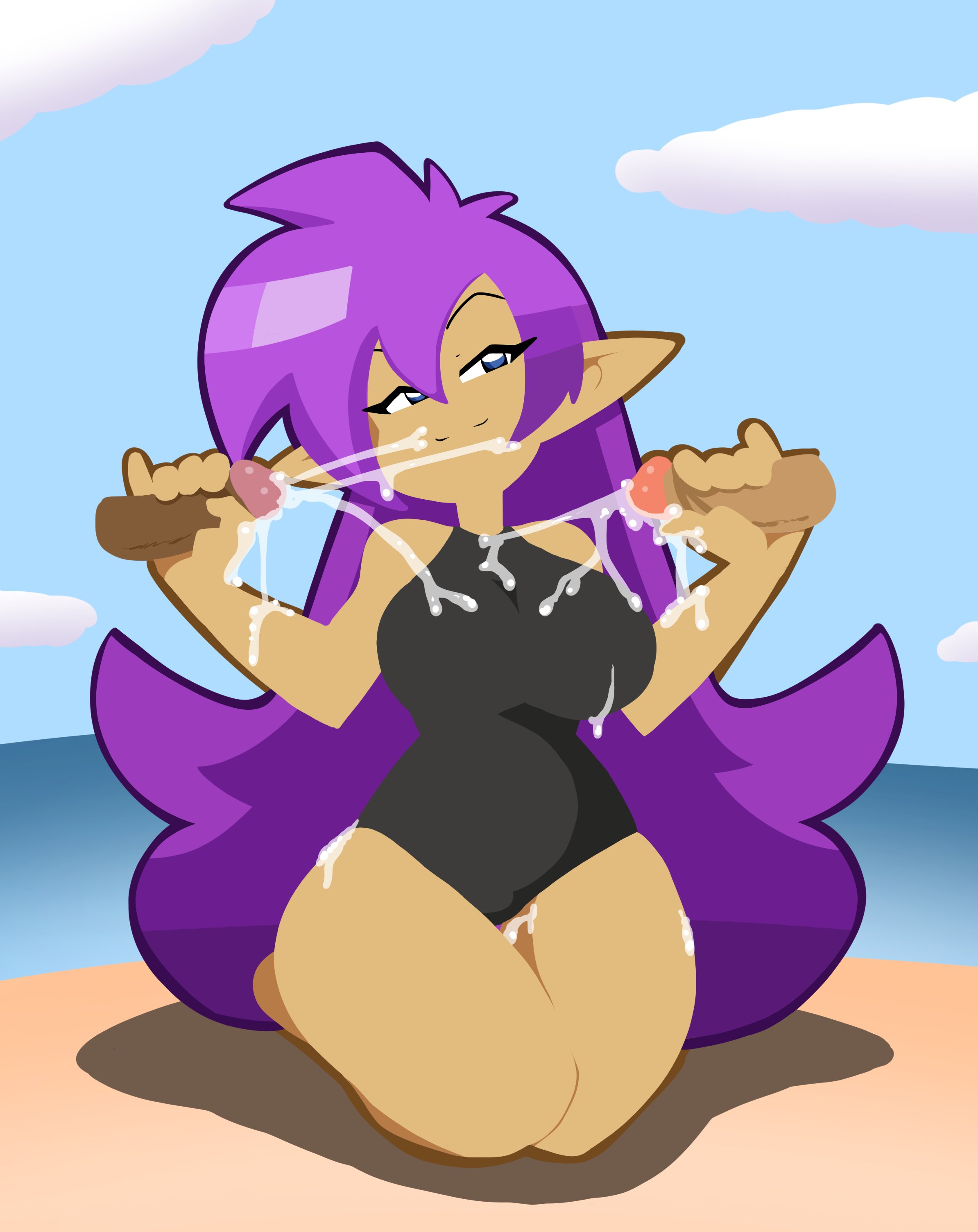 1girls, 2boys, beach, blue eyes, blue sky, breasts, cum, cum on arms, cum on body, cum on breasts, cum on clothes, cum on thighs, cumshot, dark skin, dark-skinned male, disembodied penis, double handjob, female, female focus, gkvalhalla, half-closed eyes, handjob, hourglass figure, interracial, kneeling, large breasts, long hair, male, ocean, one-piece swimsuit, penis, pinkie out, pointy ears, purple hair, seductive look, shantae, shantae (character), smile, smirk, smooth skin, smug, smug face, solo focus, straight, swimsuit, tan skin, unseen male face