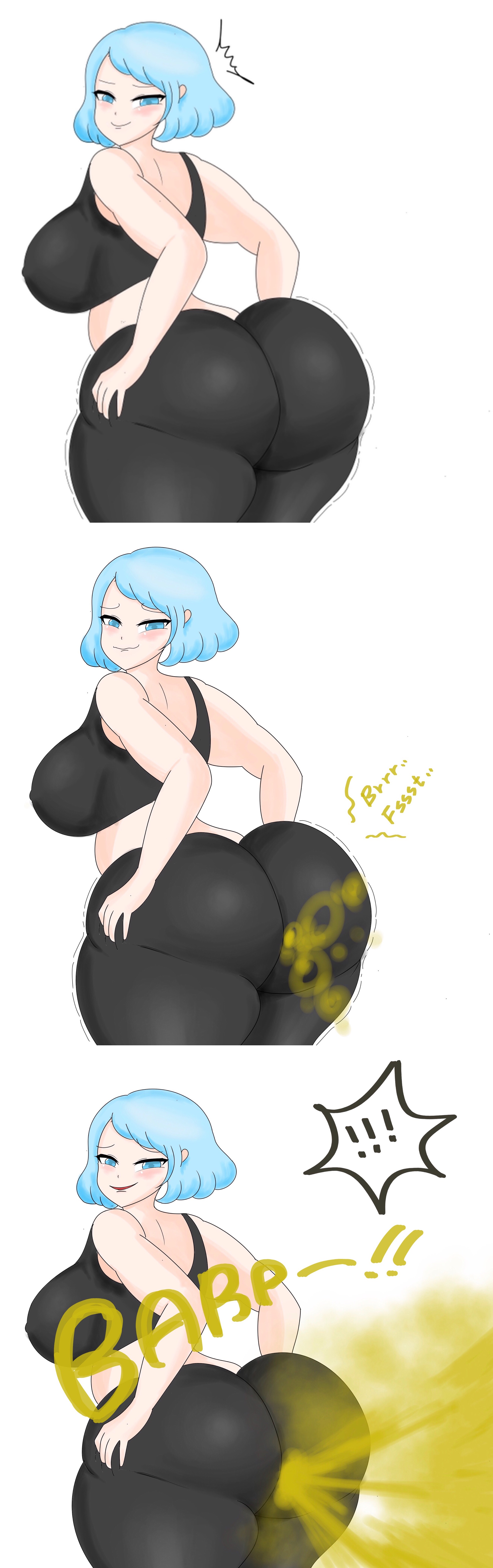 ass, big ass, big breasts, big butt, blue eyes, blue hair, blush, brap, breasts, fart, fart cloud, fart fetish, farting, female, female only, gym clothes, looking back, navi02, short hair, smile, white background