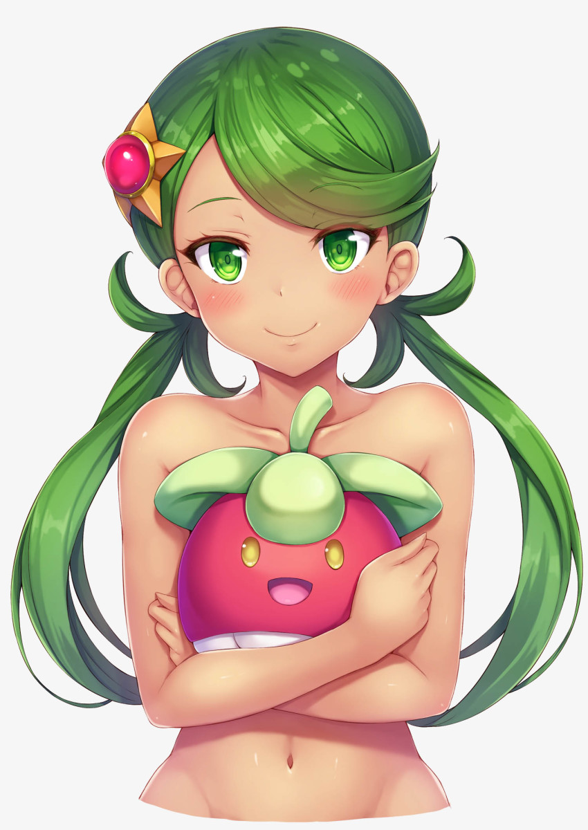 1girls blush female female_focus game_freak green_eyes green_hair grey_background looking_at_viewer mallow_(pokemon) nintendo pokemon pokemon_sm snowcanvas solo_female