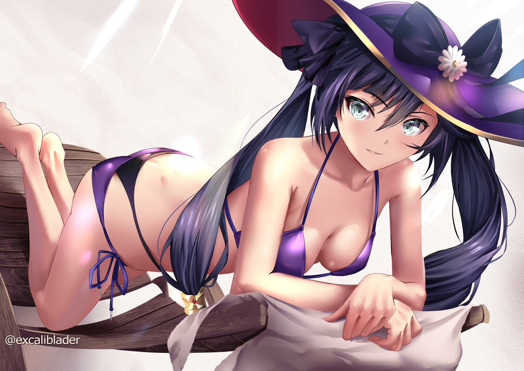 1girls, ass, ass crack, bikini, breasts, butt crack, cleavage, excaliblader, female, genshin impact, hat, looking at viewer, mona (genshin impact), purple bikini, side-tie bikini, smile, witch hat