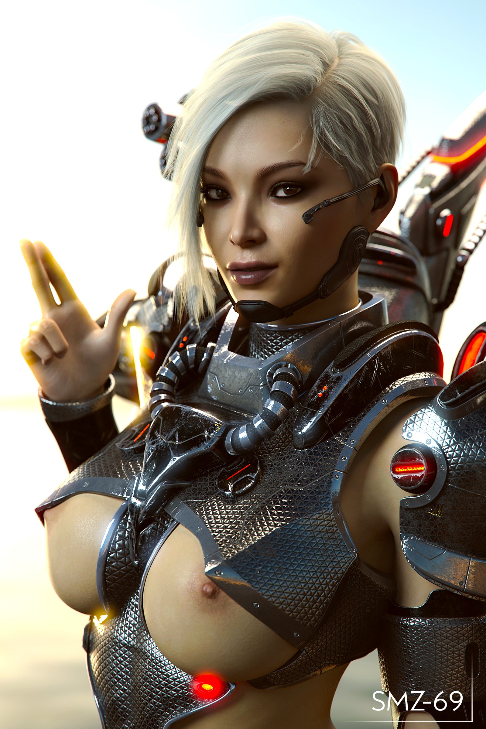 1girls, 3d, alternate hair color, alternate hairstyle, apex legends, areolae, armor, asian, asian female, blonde hair, breasts, breasts out, brown eyes, erect nipples, female, female only, large breasts, lips, lipstick, looking at viewer, makeup, nipples, platinum blonde hair, realistic, short hair, smz-69, solo, valkyrie (apex legends)
