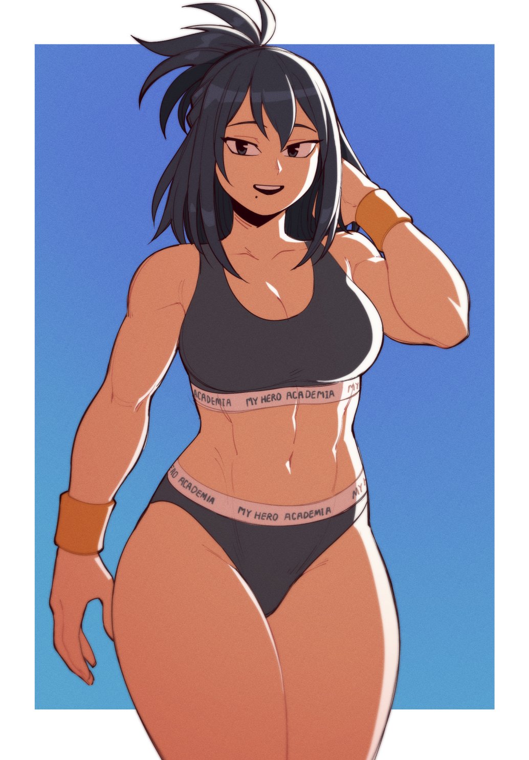1girls, abs, beauty mark, black hair, black-haired female, boku no hero academia, breasts, calvin klein, clothed, covered breasts, female, female focus, fit, fit female, milf, muscular, muscular female, my hero academia, nana shimura, solo, suoiresnu, tank top, wristband