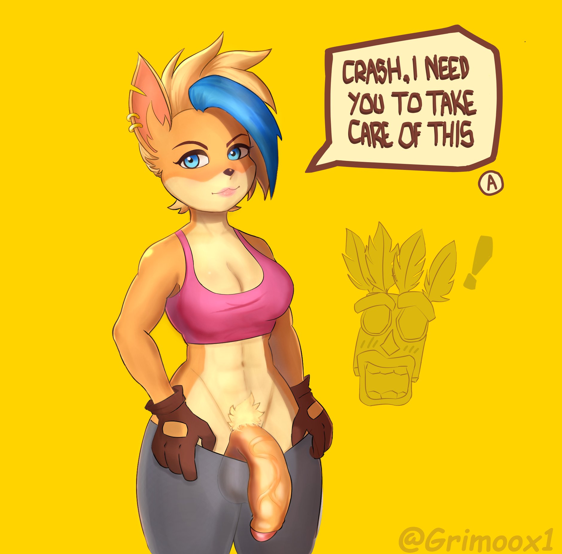 1futa, aku aku, big penis, breasts, cleavage, clothed, clothing, crash (series), crash bandicoot, dialogue, exclamation point, female, fur, furry, furry only, futa only, futadom, futanari, grimoox, intersex, mostly clothed, penis, pirate tawna, short hair, solo, standing, talking to viewer, tawna bandicoot, tawna bandicoot (crash 4), text, text box, text bubble