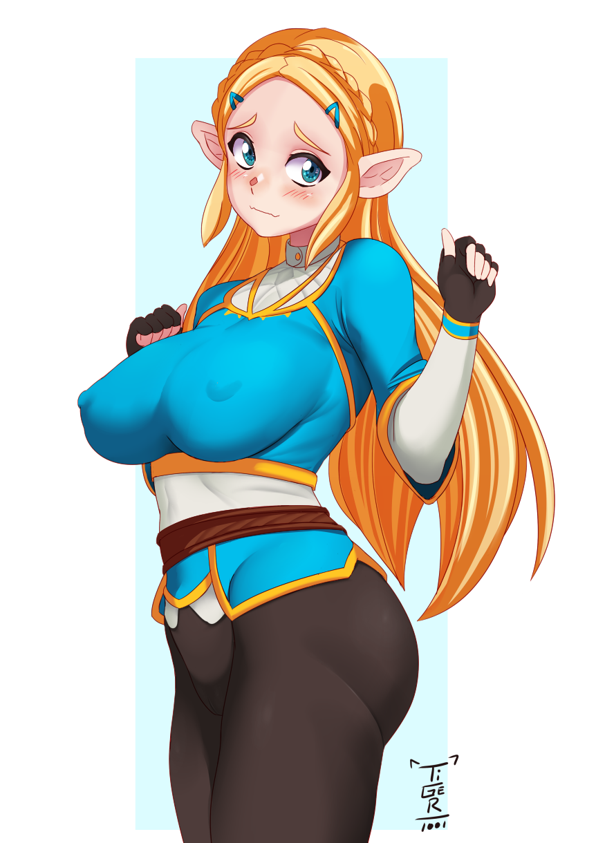 1girls big_breasts blonde_hair blue_eyes blush breasts breath_of_the_wild curvy_figure female fully_clothed leggings nintendo nipple_bulge pointy_ears princess_zelda solo standing the_legend_of_zelda thick_thighs tiger1001 wide_hips zelda_(breath_of_the_wild)