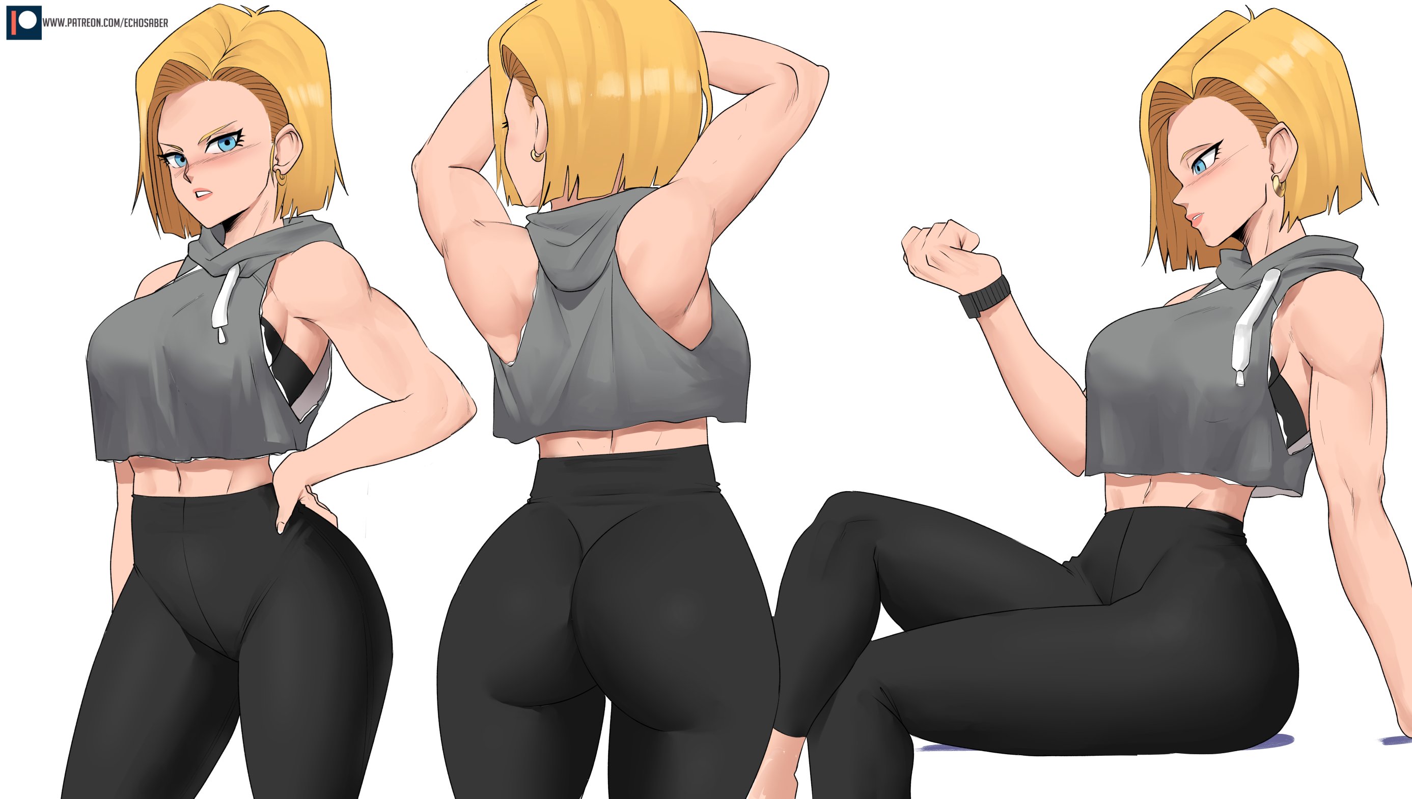 1girls, android 18, ass, big ass, big breasts, blonde hair, blue eyes, breasts, busty, curvy, dragon ball, dragon ball z, echosaber, female, female focus, female only, fully clothed, hourglass figure, milf, muscular, muscular female, pose, posing, short hair, solo, tight pants, wide hips, yoga pants
