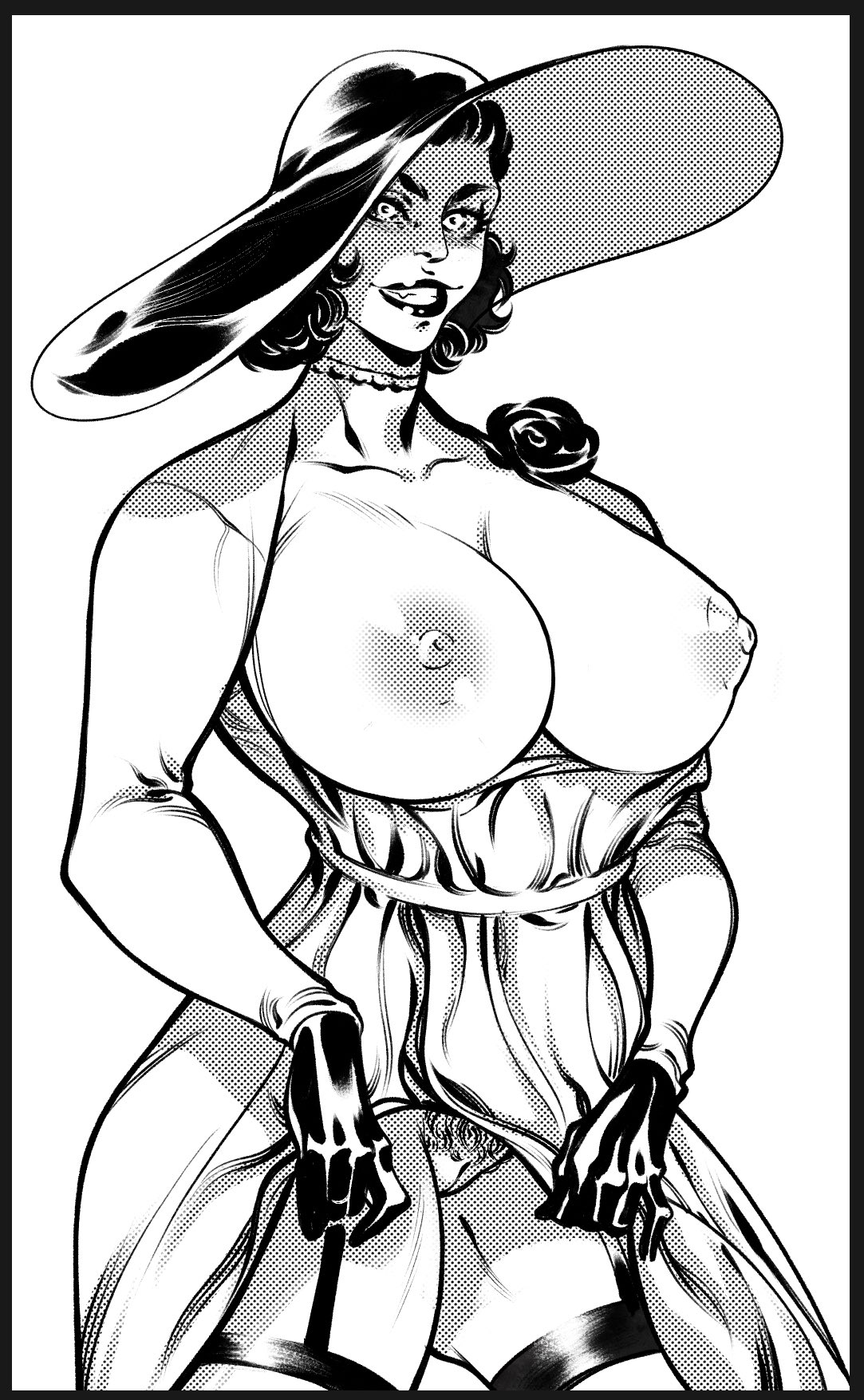 1girls, alcina dimitrescu, black and white, breasts, breasts out, dress, dress lift, female, garter straps, gloves, grin, hairy pussy, hat, huge breasts, ohnojustino, presenting pussy, pubes, pubic hair, pussy, pussy hair, resident evil, resident evil 8: village, smile, white background