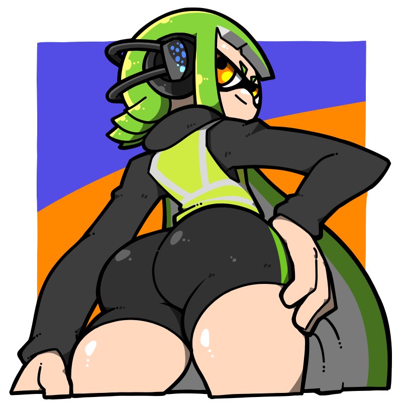 1girls agent_3_(splatoon) ass ass_focus back_to_viewer bike_shorts clothed clothing green_hair hand_on_hip headphones inkling inkling_girl long_sleeves looking_at_viewer omoitukan2 orange_eyes short_shorts shorts shortstack solo splatoon thick_ass thick_thighs vest