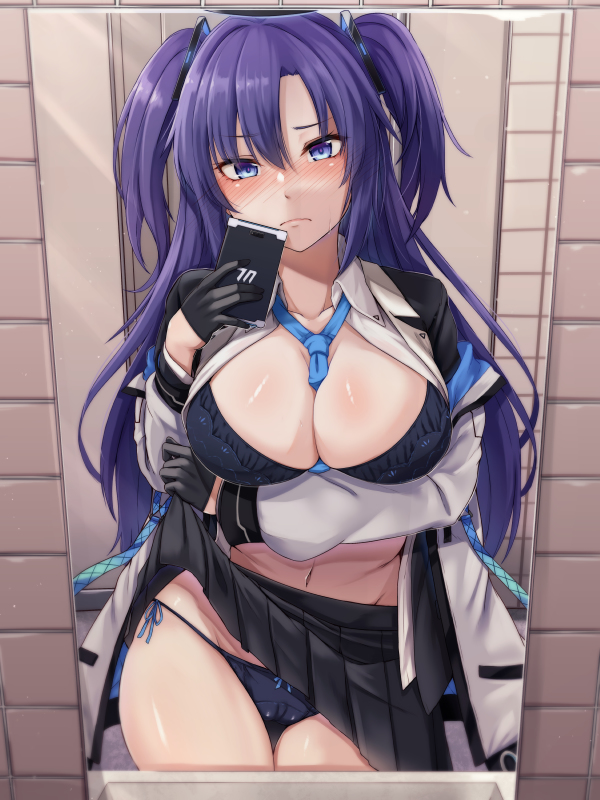 big breasts, blue archive, blue eyes, blue hair, breasts, female, hair ornament, hiruno, millennium science school logo (blue archive), millennium science school student, phone, selfie, seminar (blue archive), tagme, tied, yuuka (blue archive)