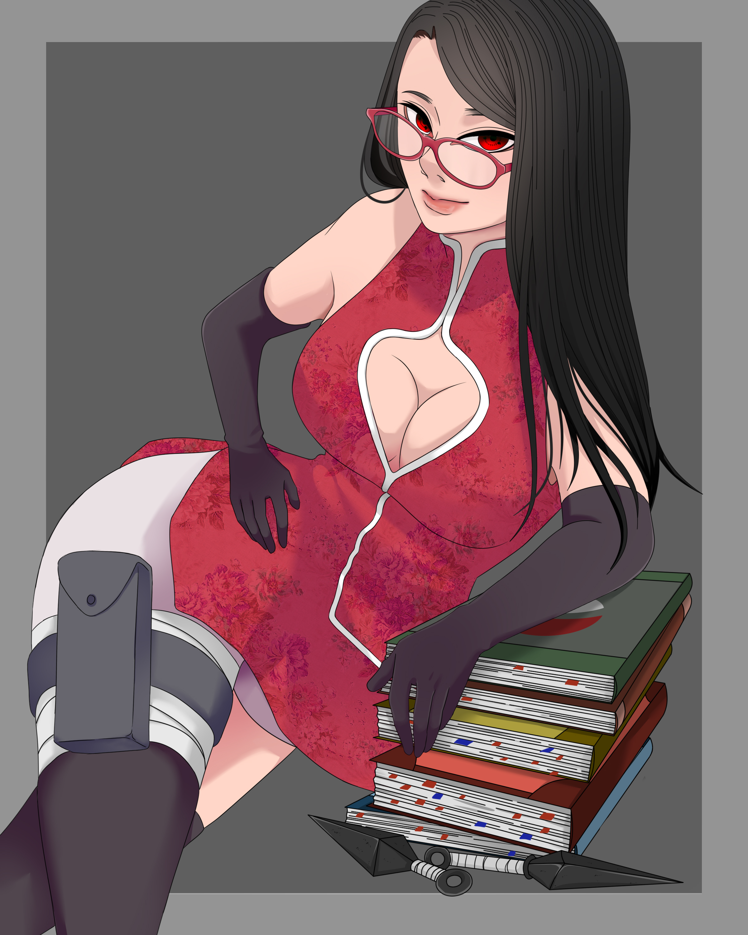 1girls, aged up, alternate breast size, alternate costume, alternate hairstyle, arm gloves, arm support, armwarmer, bandaged leg, bandages, bangs, big breasts, black armwear, black hair, black legwear, books, border, boruto: naruto next generations, breasts, center opening, cleavage, cleavage cutout, crossed legs, curvaceous, curvy female, curvy figure, cutout, dohulm, dress shirt, female, female only, glasses, grey background, kunai, legwear, light skin, light-skinned female, long hair, lying, naruto, naruto (series), no bra, paipan, pale skin, pale-skinned female, parted bangs, red eyes, red-framed glasses, revealing clothes, sarada uchiha, sharingan, shiny, shiny hair, shiny skin, shirt, skindentation, sleeveless, sleeveless shirt, smile, smiling at viewer, solo, solo female, solo focus, thighhighs, wide hips