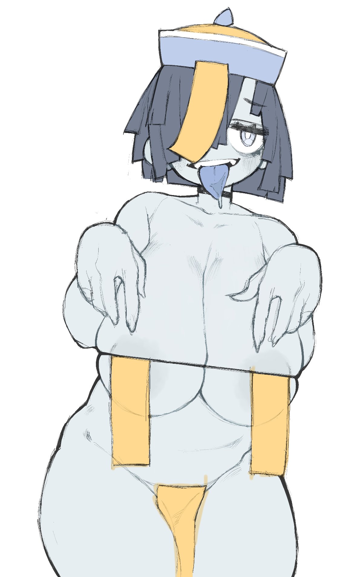 areolae, bra, breasts, choker, chubby, chubby female, female, grey eyes, grey hair, grey skin, hat, jiangshi, large breasts, mctamagomaki, one eye covered, tongue, tongue out, vampire