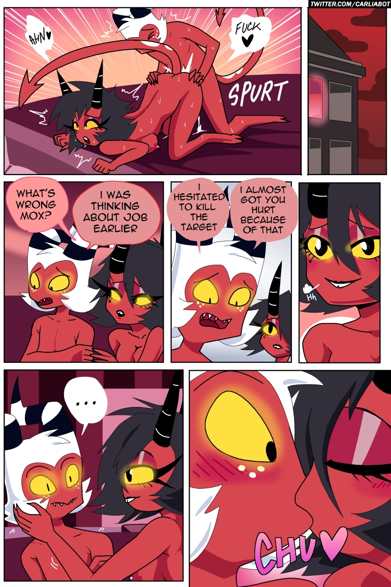 1boy, 1girls, 2demons, beauty mark, carliabot, comic, demon, doggy style, english text, eyebrows, eyelashes, female, freckles, half-closed eyes, helluva boss, horns, husband and wife, imp, kissing, male, millie (helluva boss), moxxie (helluva boss), red body, red skin, sex, sharp teeth, straight, teeth, vivienne medrano, yellow sclera