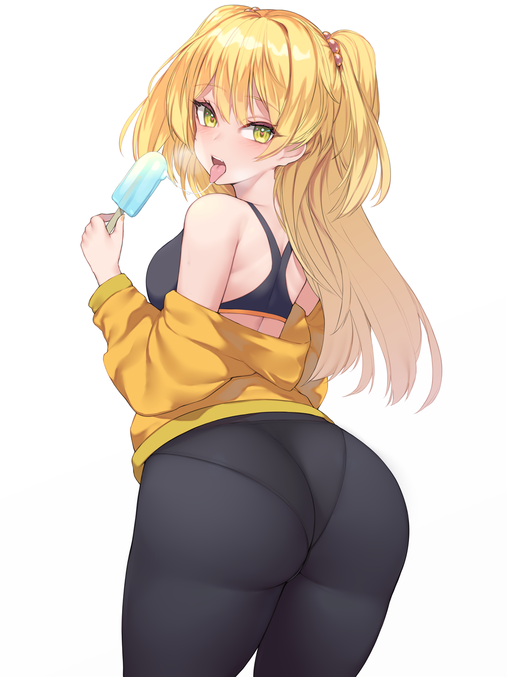 ass bike_shorts blonde_hair breasts female food from_behind gyaru heart-shaped_pupils highres holding holding_food huge_ass idolmaster idolmaster_cinderella_girls jougasaki_rika kogal kuavera long_hair looking_at_viewer looking_back medium_breasts popsicle saliva saliva_trail shiny shiny_hair shiny_skin simple_background solo sports_bra standing tongue tongue_out two_side_up white_background