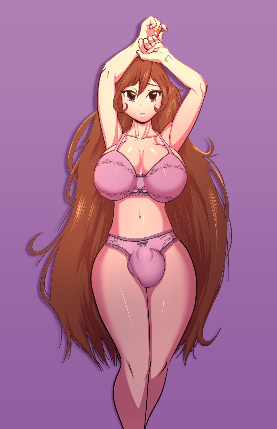 1futa, arms up, bakuhaku, balls, big balls, big breasts, bra, breasts, brown hair, bulge, cleavage, clothed, clothing, futa only, futanari, human, intersex, large breasts, light skin, light-skinned futa, lingerie, long hair, looking back, mostly nude, pale skin, panties, penis, pink panties, small penis, solo