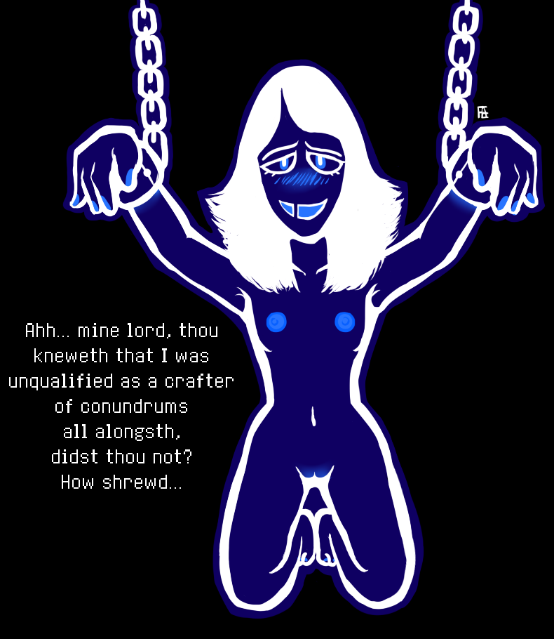 1cuntboy areolae black_background blue_eyes blue_skin bondage chains cuntboy cuntboy_only cuntboysub deltarune dialogue english_text erect_nipples intersex looking_at_viewer nipples nude pseudofaun pussy rouxls_kaard solo white_hair