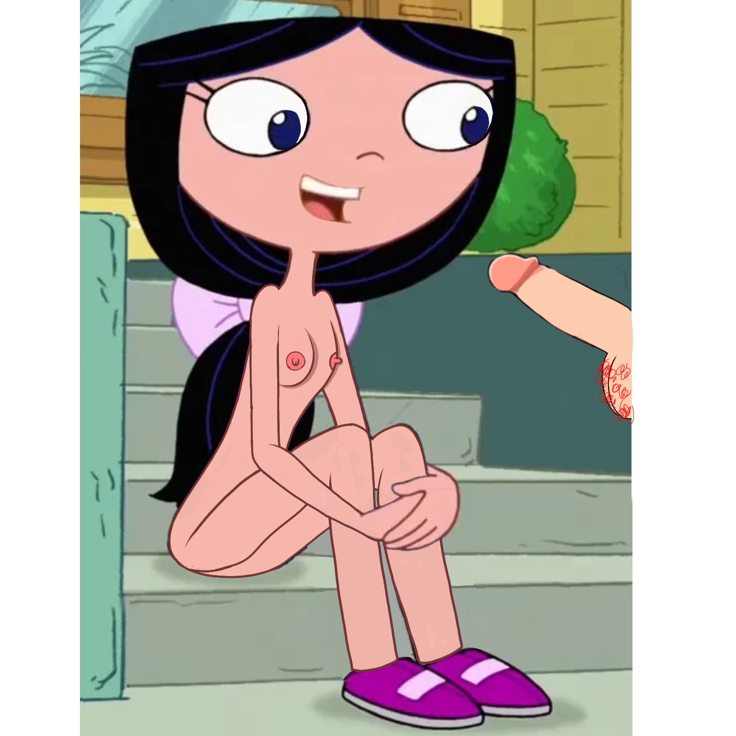 aged up, black hair, breasts, compression artifacts, cute, disney, disney channel, disney xd, female, isabella garcia-shapiro, male, penis, penis out, phineas and ferb, phineas flynn, red penis, smile, teenager, white background