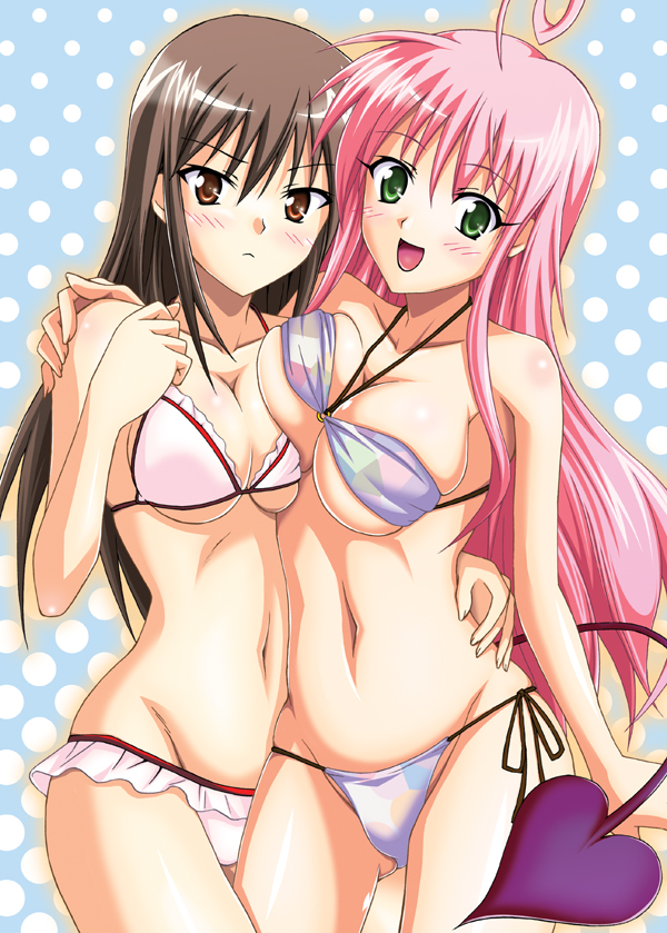 2girls alien alien_girl alien_humanoid big_breasts bikini bikini_top blush breasts brown_hair demon_girl demon_tail devilukean devilukean_female devilukean_tail female green_eyes kotegawa_yui lala_satalin_deviluke long_hair micro_bikini navel open_mouth pink_hair smile swimsuit taro_kasukabe to_love-ru white_bikini white_swimsuit