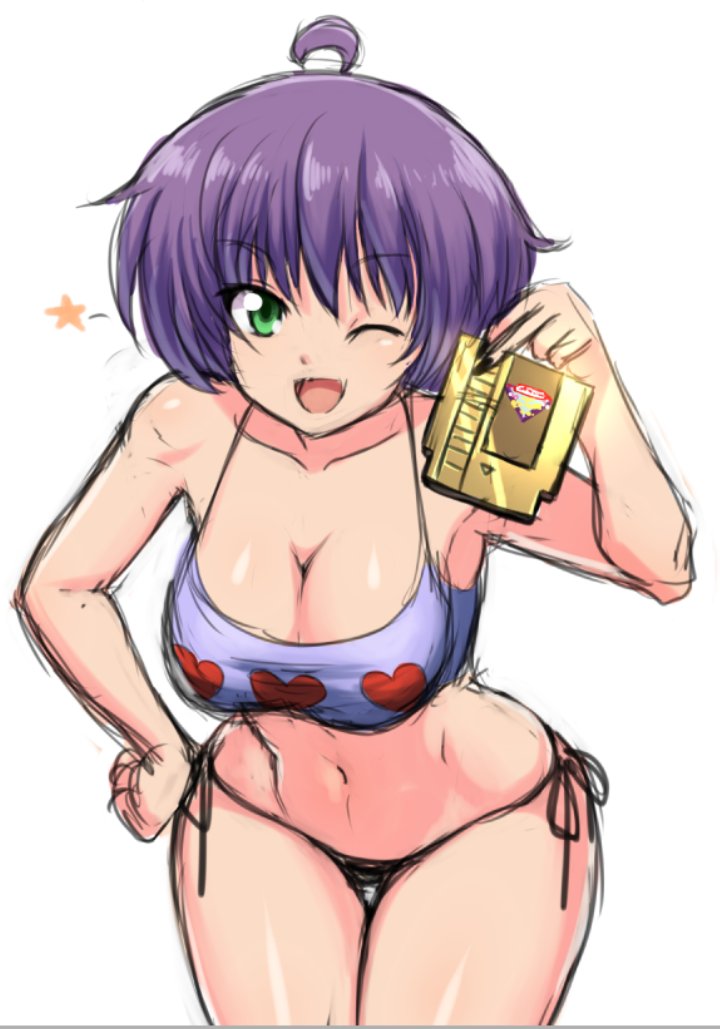 1girls alternate_breast_size alternate_version_available bikini_bottom bob_cut breasts cleavage clothed female female_only game_cartridge green_eyes hand_on_hip large_breasts looking_at_viewer navel nintendo one_eye_closed open_mouth purple_hair revealing_clothes short_hair sketchy skimpy smile solo white_background wink zeshgolden