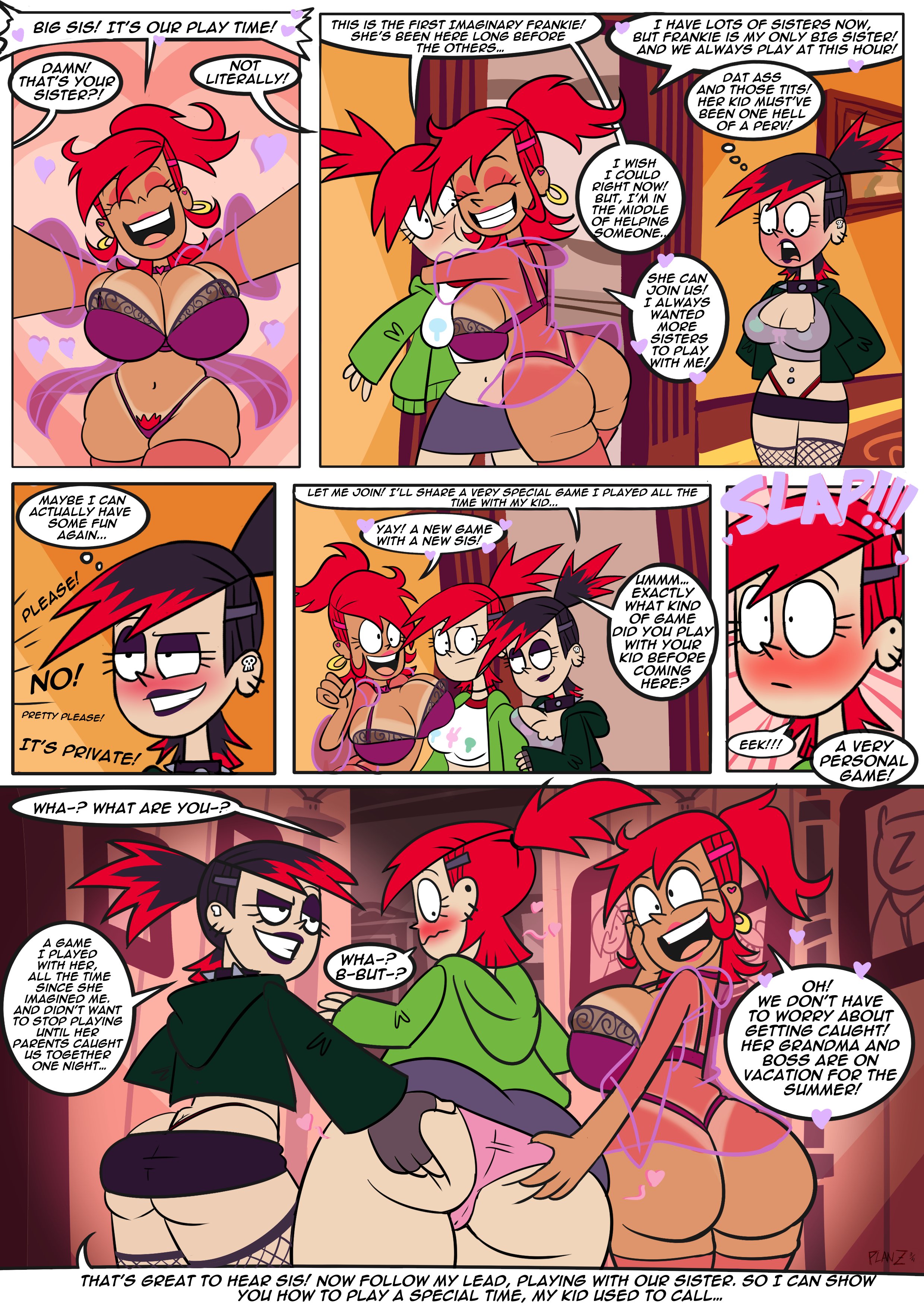 ass, ass cleavage, ass crack, ass grab, belly button, belly button piercing, big ass, big breasts, big butt, bimbo, blush, blushing, boots, bottom heavy, bra, breast docking, breasts, bubble ass, bubble butt, butt crack, butt grab, cartoon network, choker, cleavage, clothing, comic page, crossed eyes, dialogue, ear piercing, earrings, eyeshadow, fat ass, fat butt, female, female only, fishnet legwear, fishnet stockings, fishnets, foster's home for imaginary friends, frankie foster, goth, goth girl, grabbing ass, groping, hearts, huge ass, huge breasts, huge butt, human, imaginary frankie, imaginary friend, large ass, large breasts, large butt, lingerie, lipstick, looking at ass, looking back, nailpolish, navel, navel piercing, panties, planz34, ponytail, red hair, redhead, see-through clothing, selfcest, skirt, smooth skin, speech bubbles, sweater, swimsuit, t-shirt, tan, tan skin, tanline, tanlines, thick ass, thick thighs, thong, thought bubble, top heavy, upskirt, wide hips, yuri
