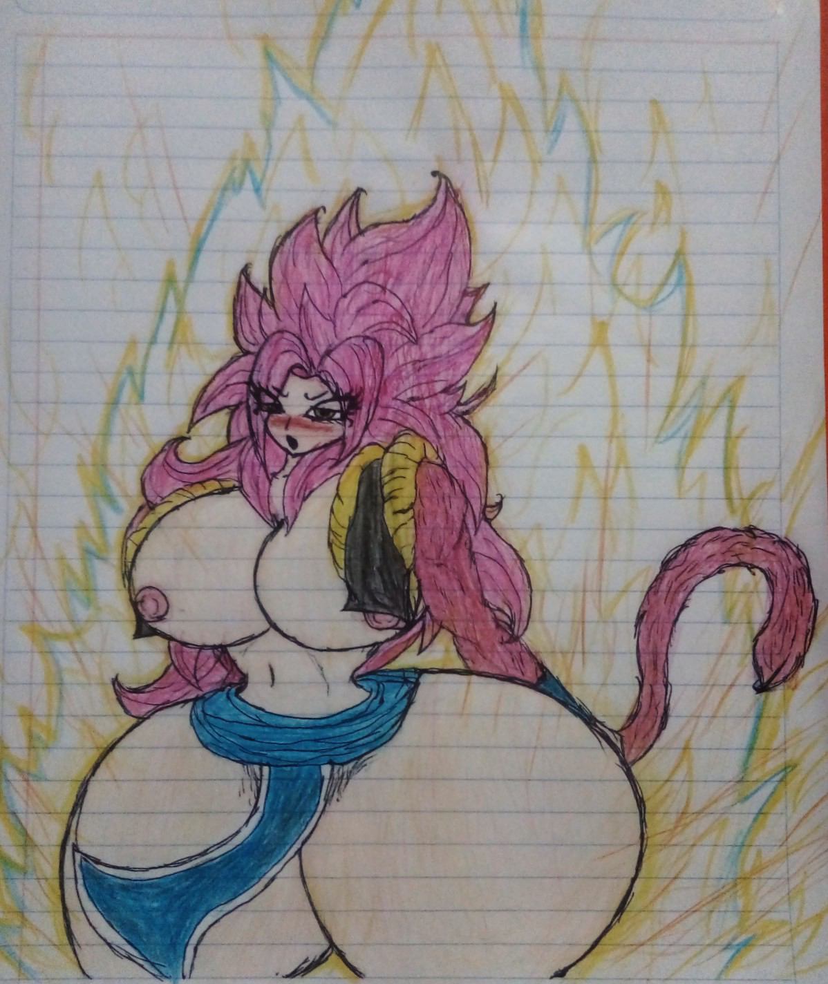 big_ass big_breasts blush bubble_ass dragon_ball dragon_ball_gt exibitionism female female_gogeta gogeta open_mouth posed presenting rule_63 sketch super_saiyan_4 thick_thighs